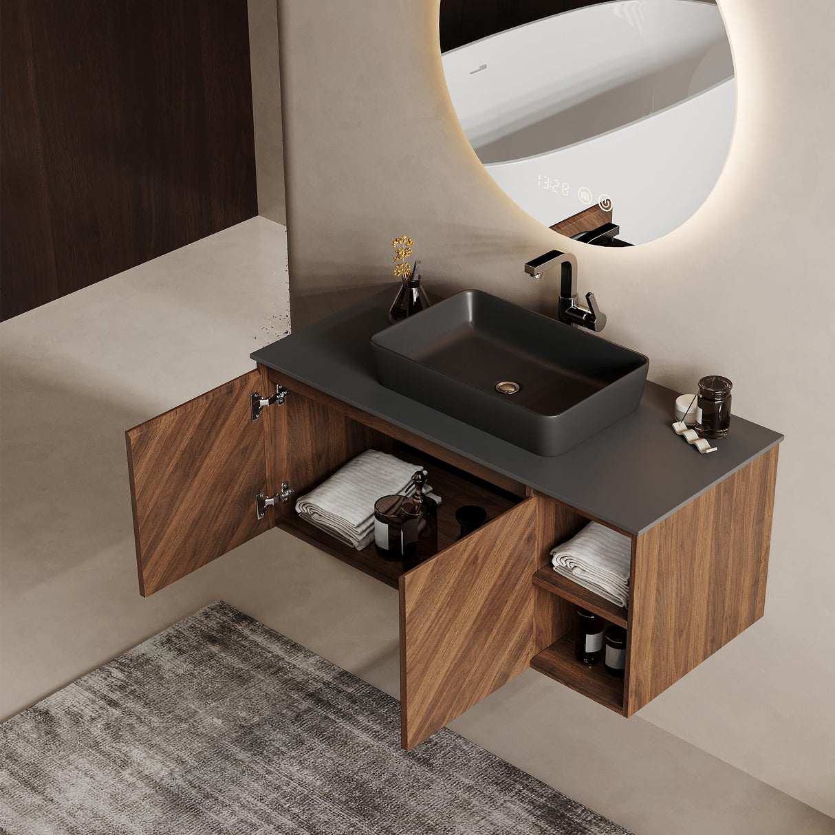 FHKJ 36 Inch Floating Bathroom Vanity with Sink Combo, Modern Wall Mounted Vanity Bathroom Storage Cabinet with Sintered Stone Top Ceramic Basin, Open Shelf FHKJ