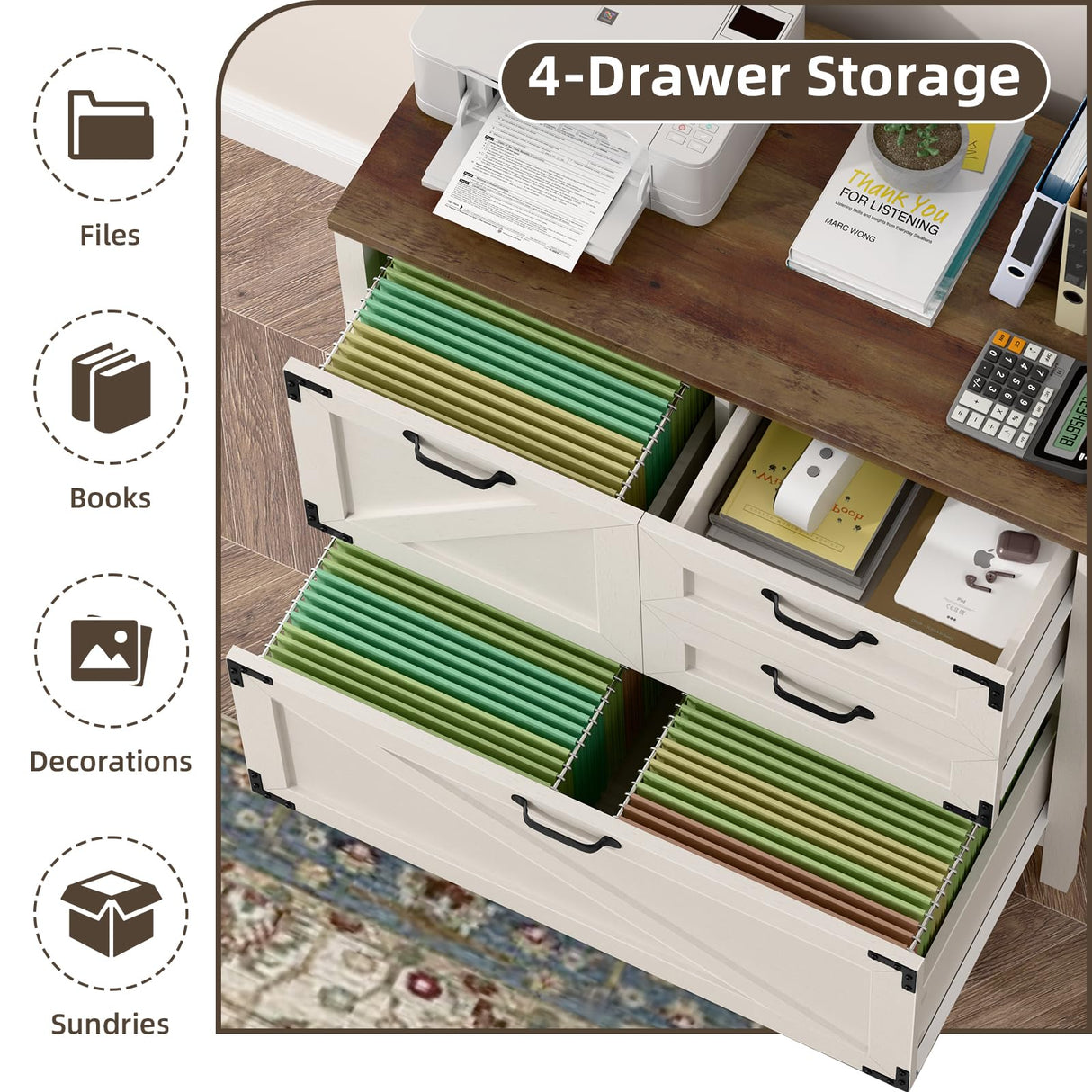 4-Drawer Wood Lateral File Cabinet for Hanging Files Letter/A4/Legal Size, Large Farmhouse File Cabinets for Home Office, Printer Stand with Office Cabinet, Office Furniture, White and Brown Vabches