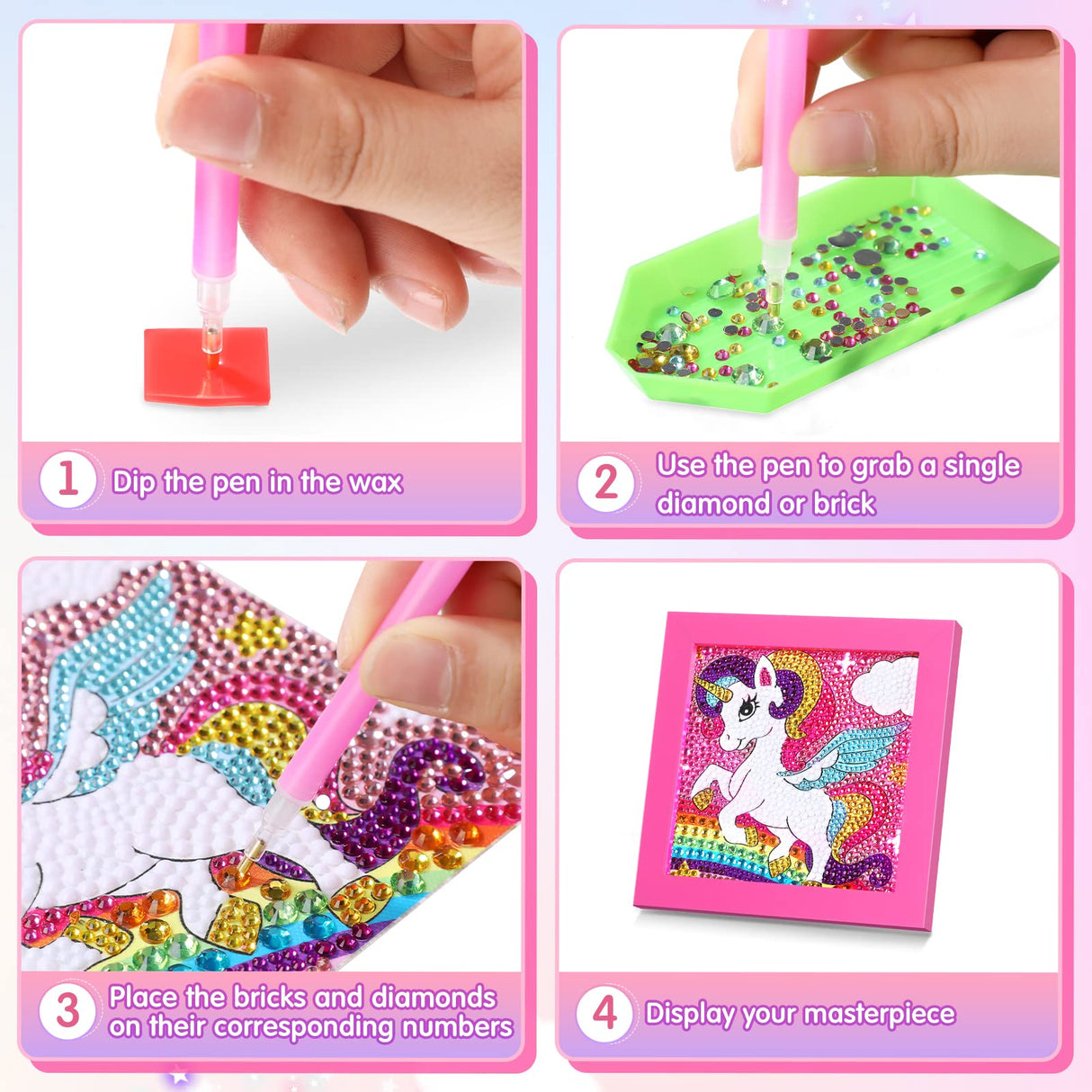 SATINIOR Diamond Gem Kits with Frame for Kids 5D Cute Unicorn Party Favors Diamond Art Crafts DIY 5D Painting Art Kits for Christmas Girls Boys 6 8 10 12 Birthday Embroidery Gifts Party Decorations SATINIOR