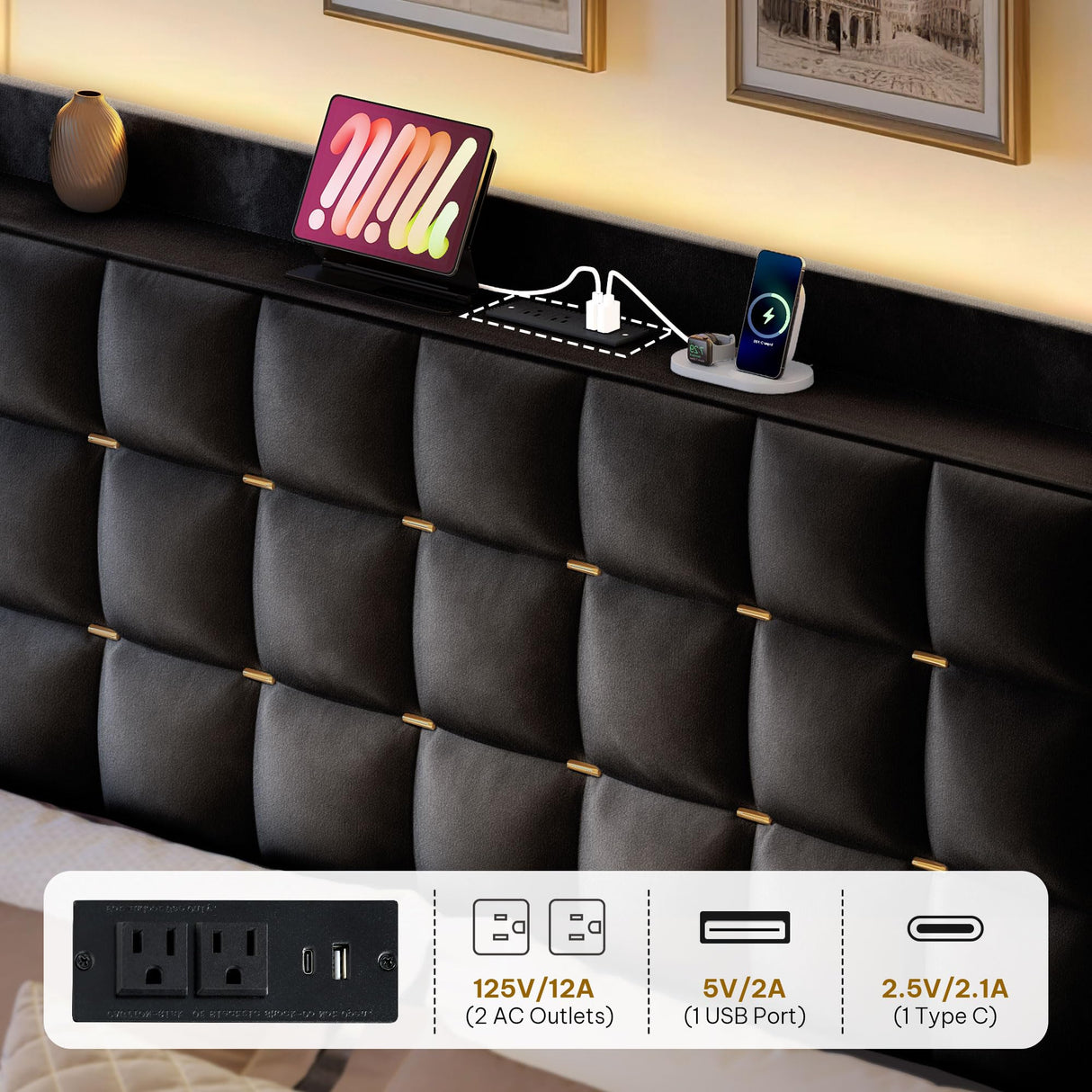 YITAHOME Queen Size Bed Frame with 3 Storage Drawers and RGB LED Lights, Velvet Upholstered Bed with Charging Station and Storage Headboard, No Box Spring Needed, Easy Assembly, Noise-Free, Black YITAHOME