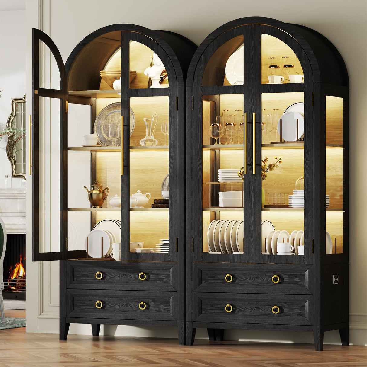 Vlsrka 71" Arched Curio Cabinet with Glass Doors, 4-Shelves Display Cabinet and 2 Drawers, Display Case with 3 Color Lights, Tall Bookcase, Kitchen Pantry, Black+Wood Vlsrka