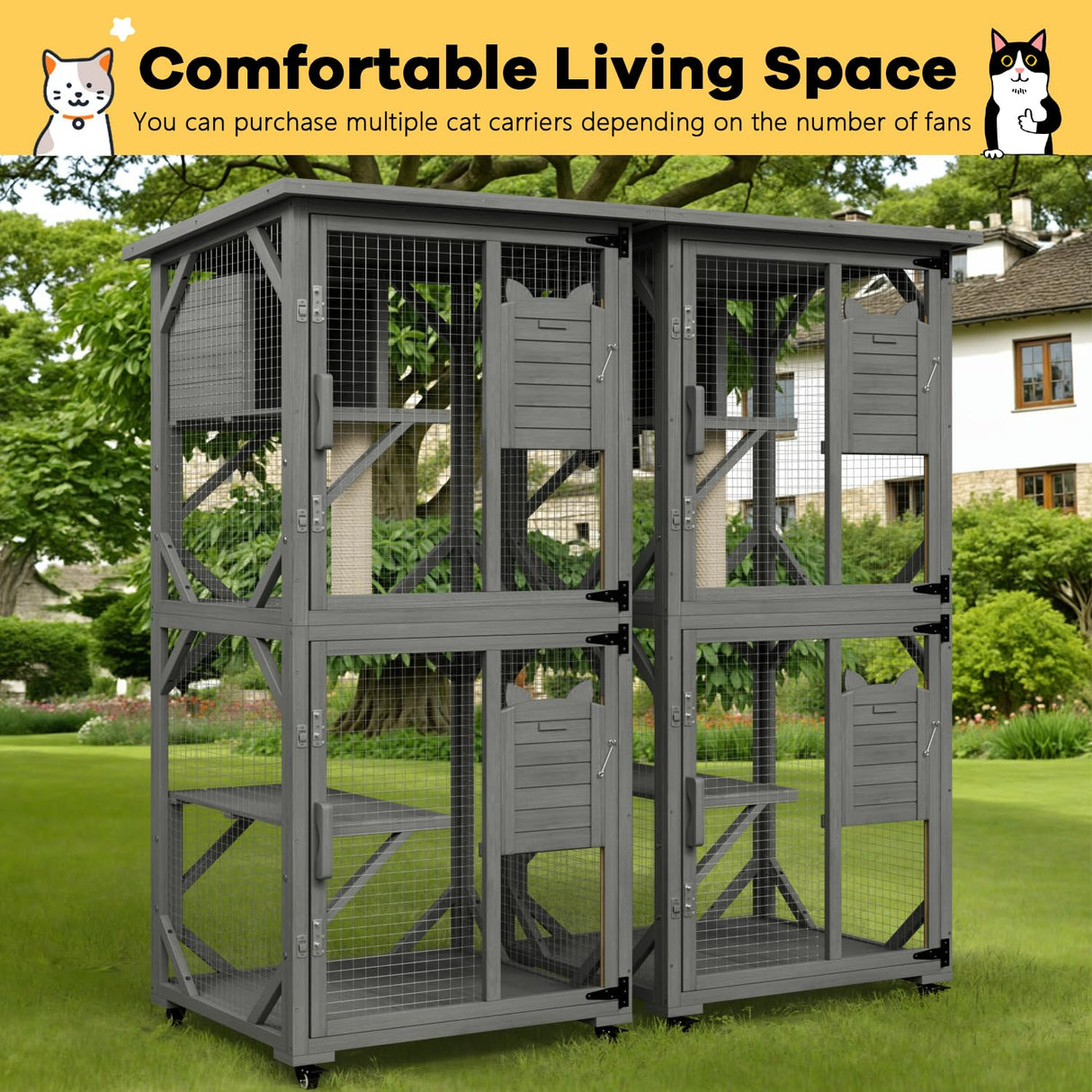 OFIKA Outdoor Catio Cat Enclosure with Waterproof Roof,Platforms,Upgraded Resting Box, 70.4’’cat Houses & Condos on Wheels for Outdoor Patio,Cat Window Box,Scratching Post(Grey) OFIKA