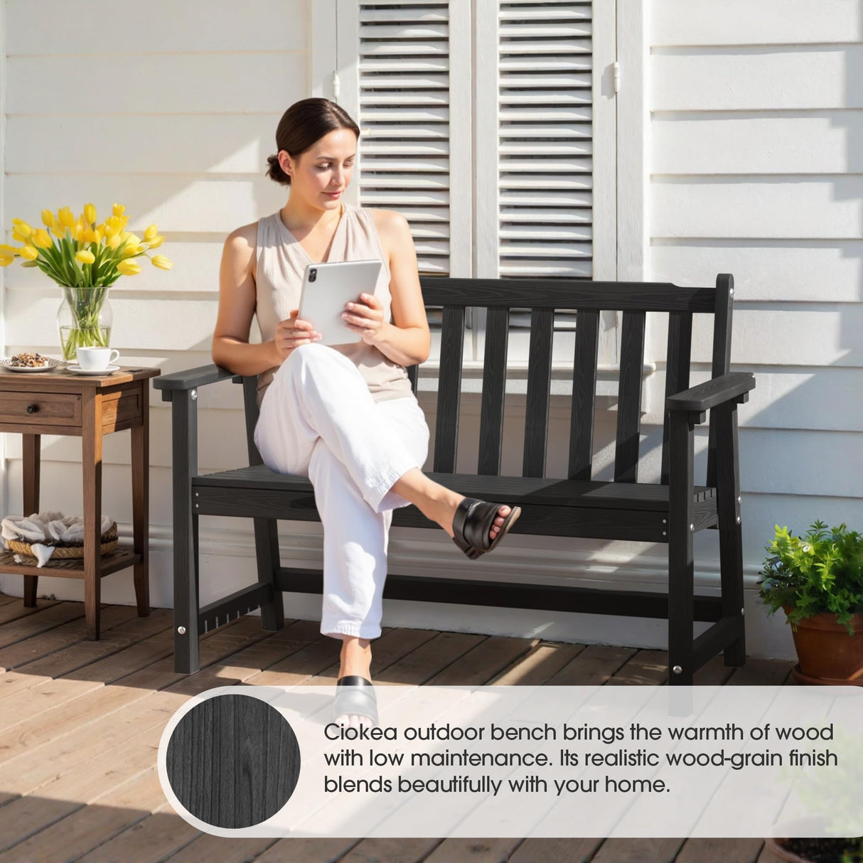 Ciokea 44" Outdoor Bench, HDPE Weatherproof Garden Bench, 2-Person Porch Benches with 550 Lbs, Waterproof Patio Benches for Outside Balcony Deck Backyard, Black Ciokea