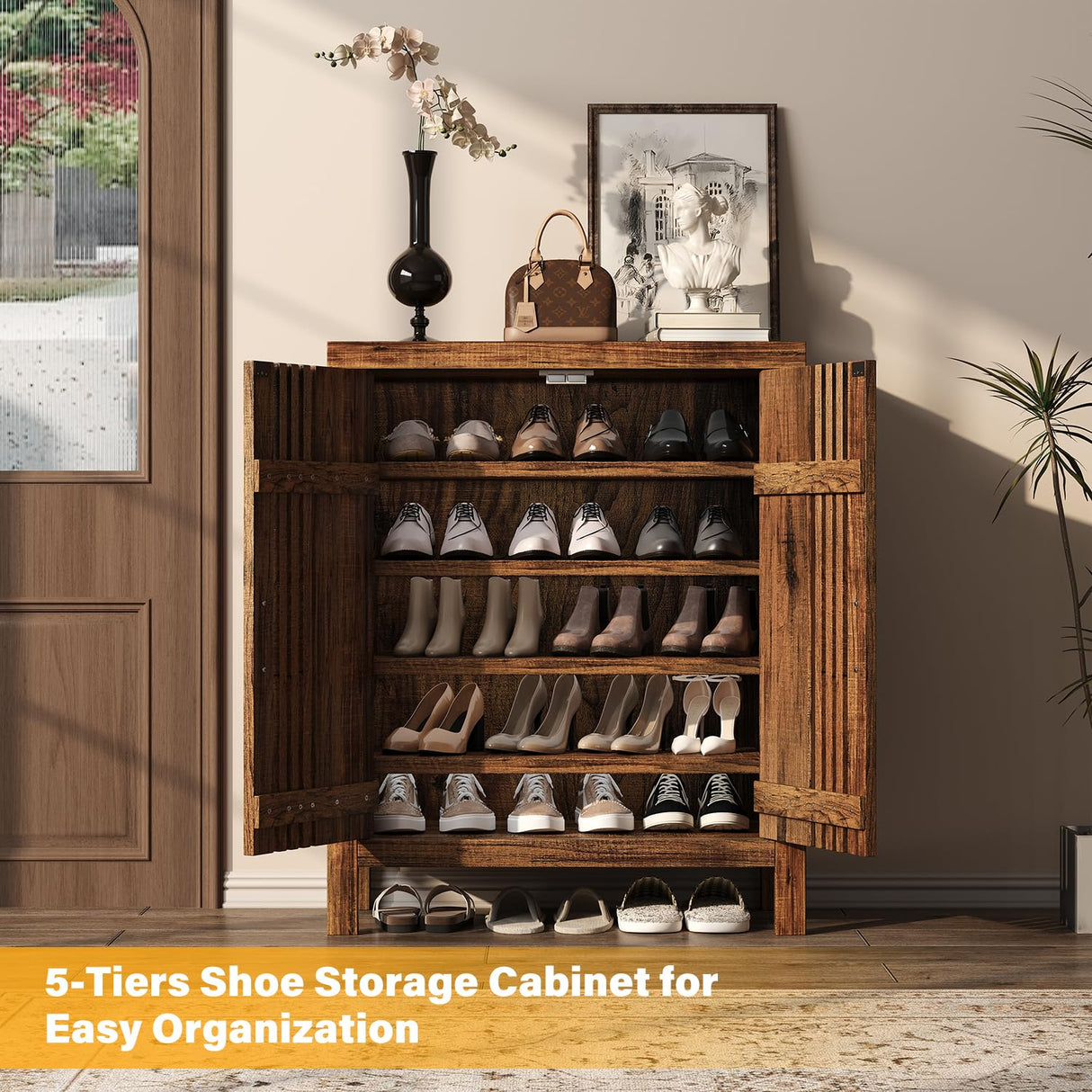 UNIQUITE Wooden Shoes Cabinet with Adjustable Shelves, Retro Freestanding Shoe Organizer Cabinet for Entryway Hallway Living Room, 5-Tier Shoe Cabinet with Doors for 20 Pairs, Dark Walnut UNIQUITE