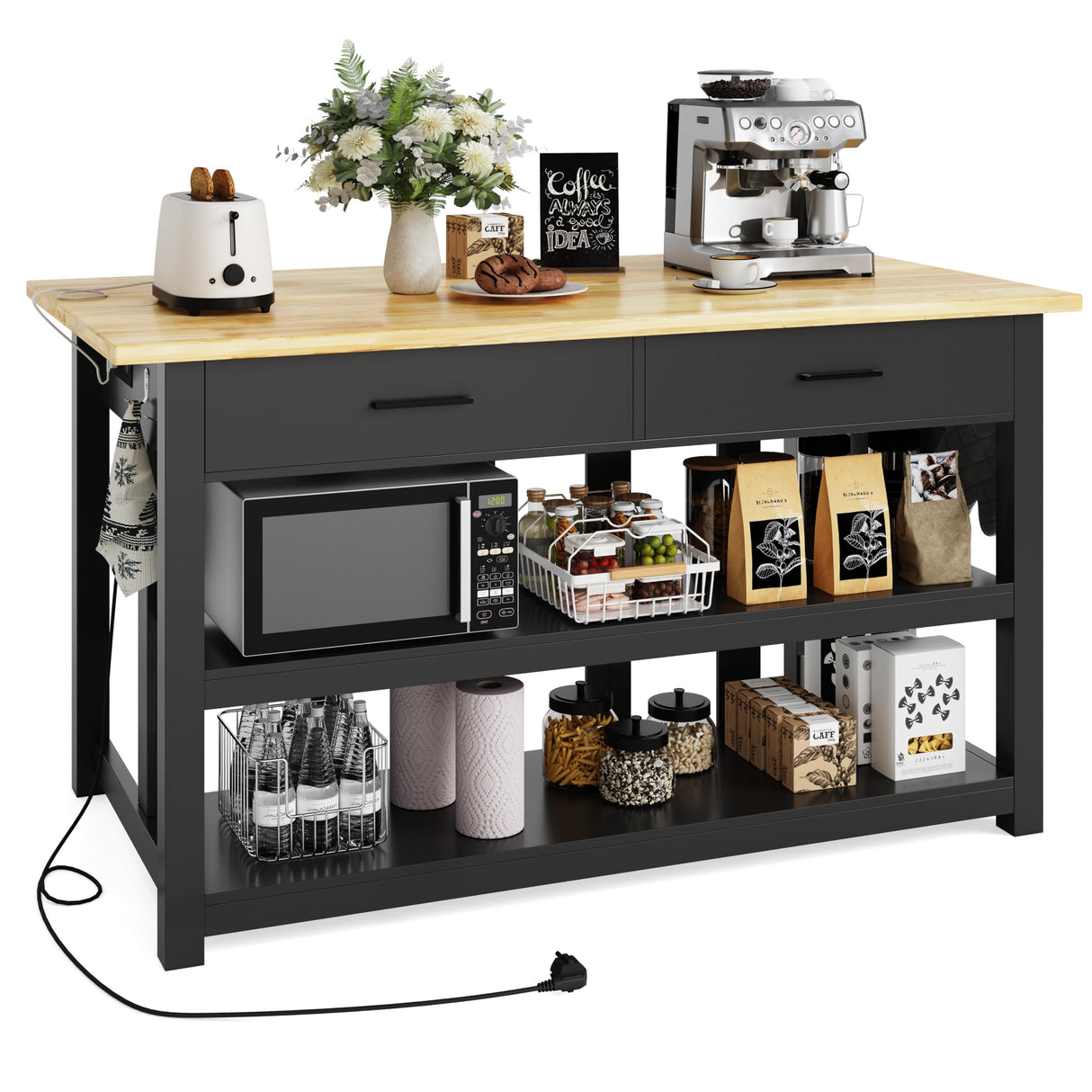 47.3" Solid Rubberwood Kitchen Island with Power Outlets - Extra Large Work Surface, 2 Drawers & Open Shelves Storage Cabinet for Kitchen Dining Room, Farmhouse Style (Black) DynJest