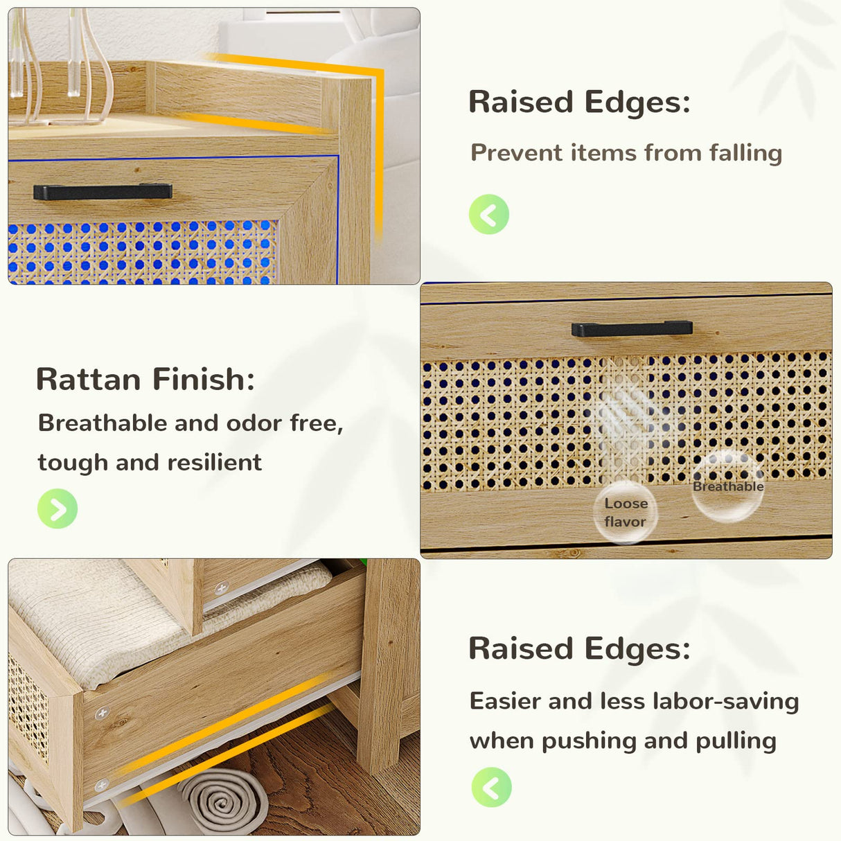 VIAGDO 7 Drawer Dresser for Bedroom, Rattan Chest of Drawers with LED Lights, Wood Storage Dresser Chest with Metal Handle, Modern Storage Cabinets for Closet,Bedroom,Living Room,Hallway VIAGDO