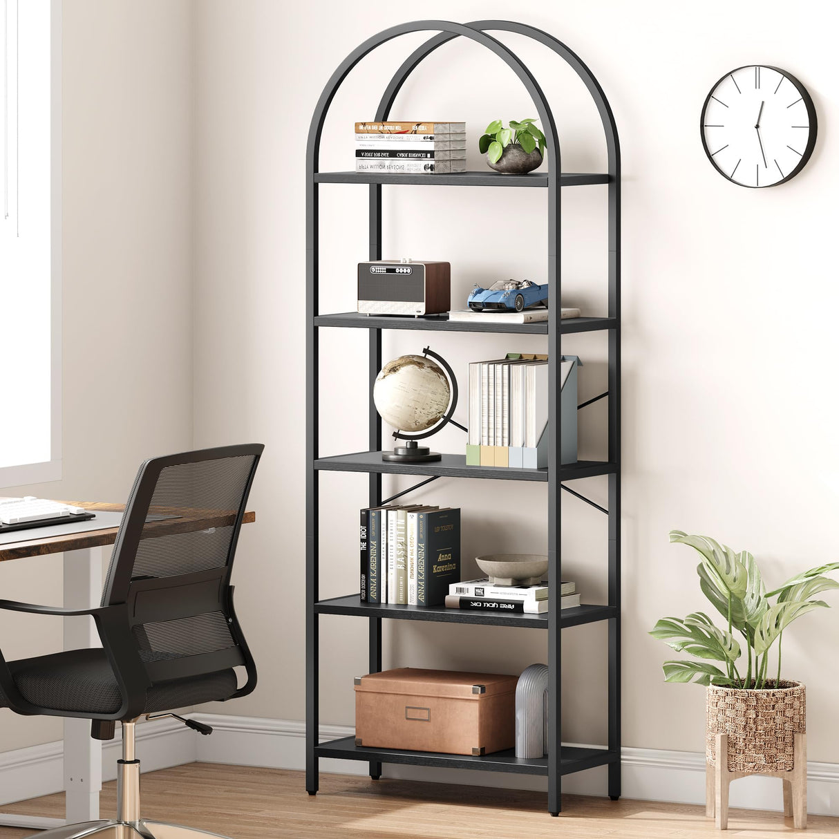 Klysiora 5 Tier Arched Bookcase Shelf Tall Bookcase with Storage Vertical Display Shelf Rack Modern Bookcase Wood and Metal Storage Shelving Unit for Bedroom, Living Room, Home Office, Black Klysiora