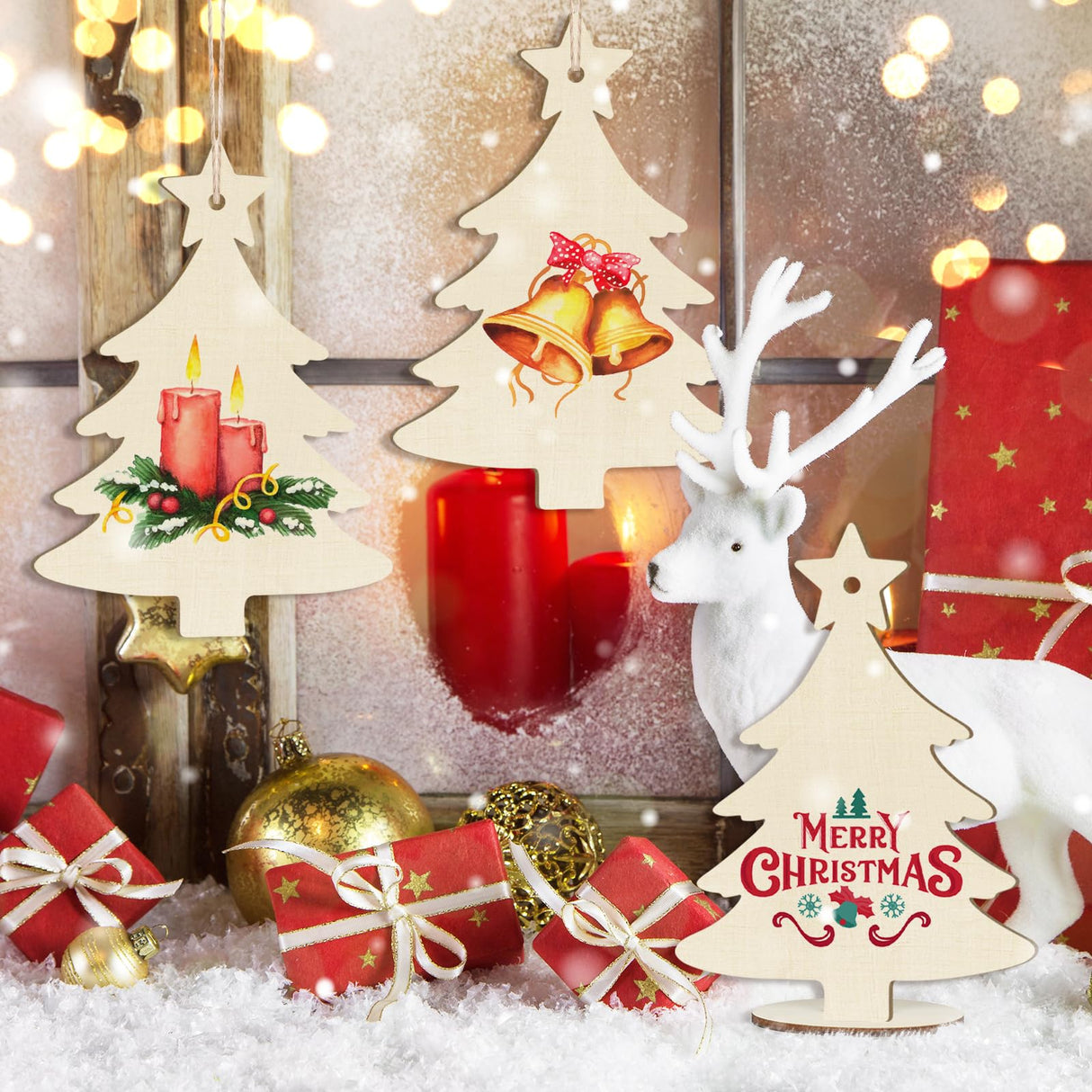 Wooden Christmas Ornaments to Paint Christmas Tree Decoration Cutouts Unfinished 3Pack 7 inches, Wood DIY Blank Christmas Tree Table Sign Ornament for Home Crafts Hanging Decoration with String Base Sophena