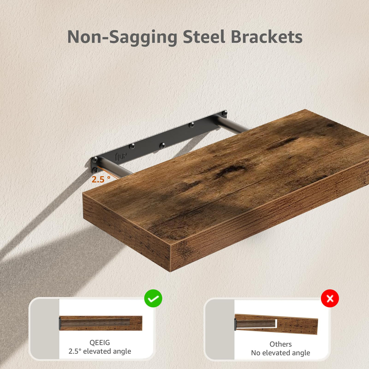 QEEIG Floating Shelf for Wall Bathroom Shelves Bedroom Kitchen Living Room Farmhouse Small Book Shelf 16 inch Set of 1, Brown (015-BN1) QEEIG