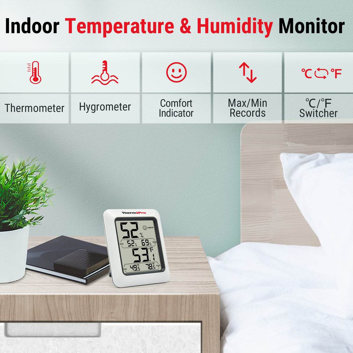 ThermoPro TP50 Digital Hygrometer Indoor Thermometer Room Thermometer and Humidity Gauge with Temperature Monitor ThermoPro