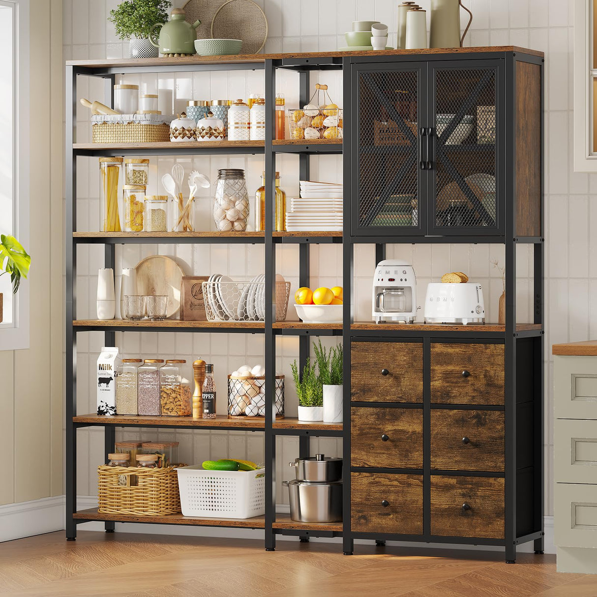 HAUOMS Corner Bookshelf, 6 Tier Industrial Convertible Bookshelf with 6 Fabric Drawers, Corner Bookcase Large L Shaped Storage Display Shelf for Home Office, Living Room, Kitchen, Rustic Brown HAUOMS