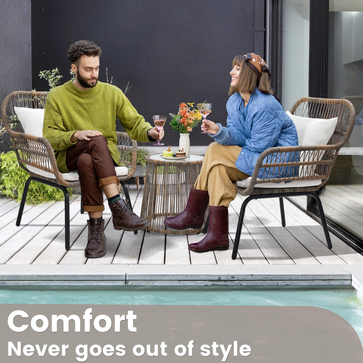 wildformers 3 Piece Rattan Wicker Bistro Set, Outdoor Conversation Furniture Set with Glass Top Table, Space Saving for Balcony, Backyard, Natural wildformers