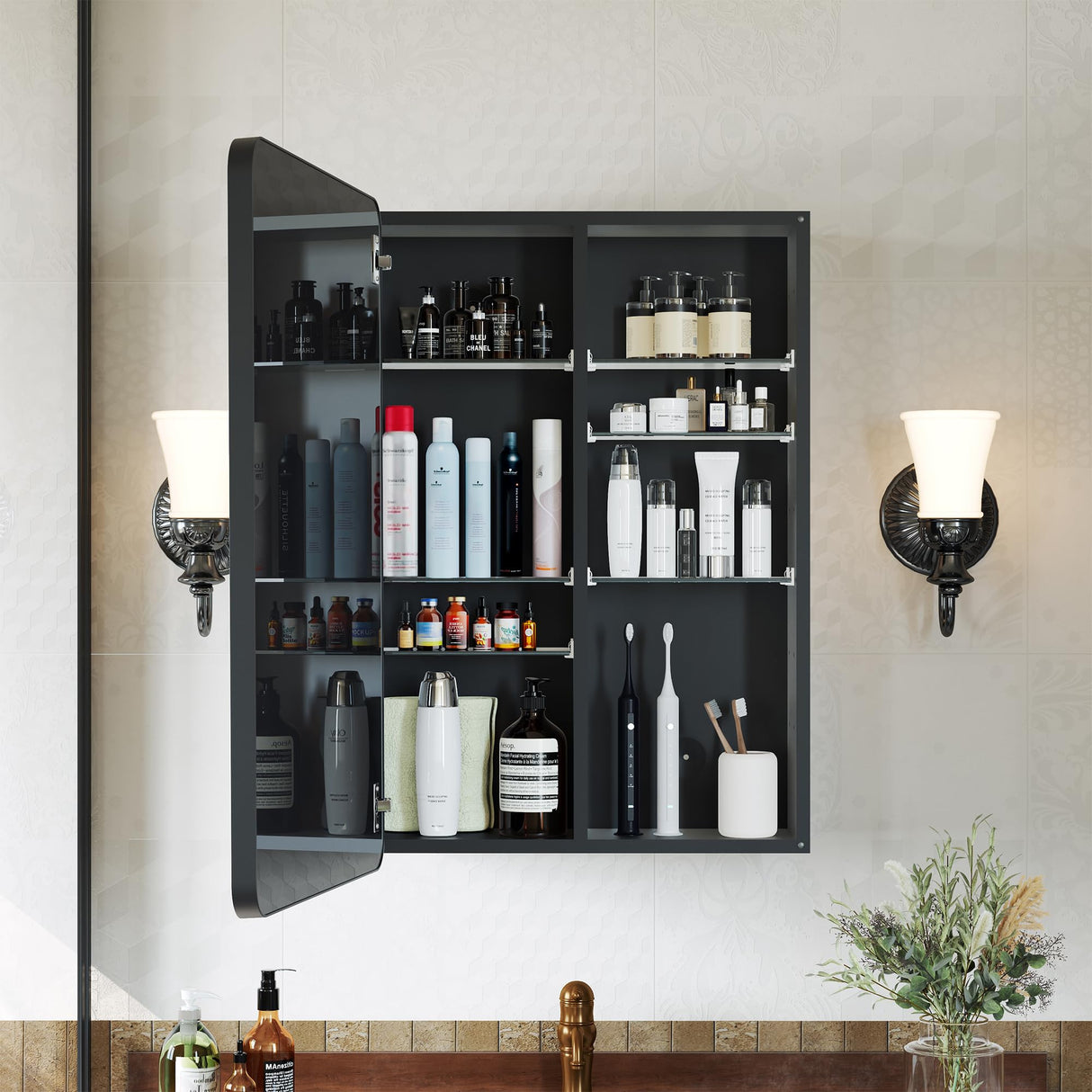 Recessed Medicine Cabinets for Bathroom with Mirror: 20x30 Wall Mount Mirrored Vanity Chest - 20 x 30 inch Large Storage Cabinet with Adjustable Shelves - Matte Black Frame GoTiling