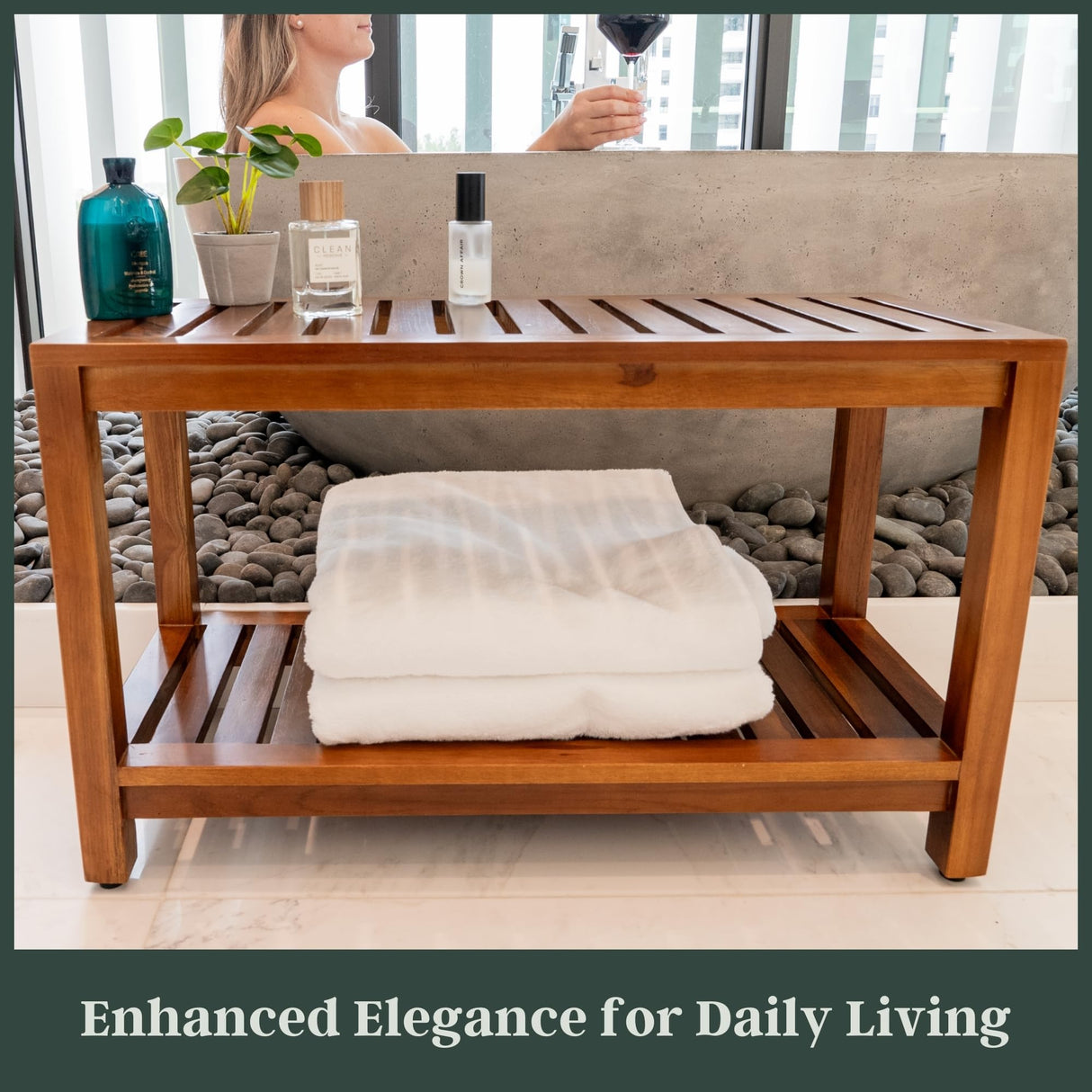 Teak Shower Bench - Fully Assembled 30 Inch Shower Bench with Shelf | Water Resistant Shower Benches for Inside Shower to Sit On | Wooden Shower Bench for Spa, Garden | Adjustable Non-Slip Feet The Teaky Hut