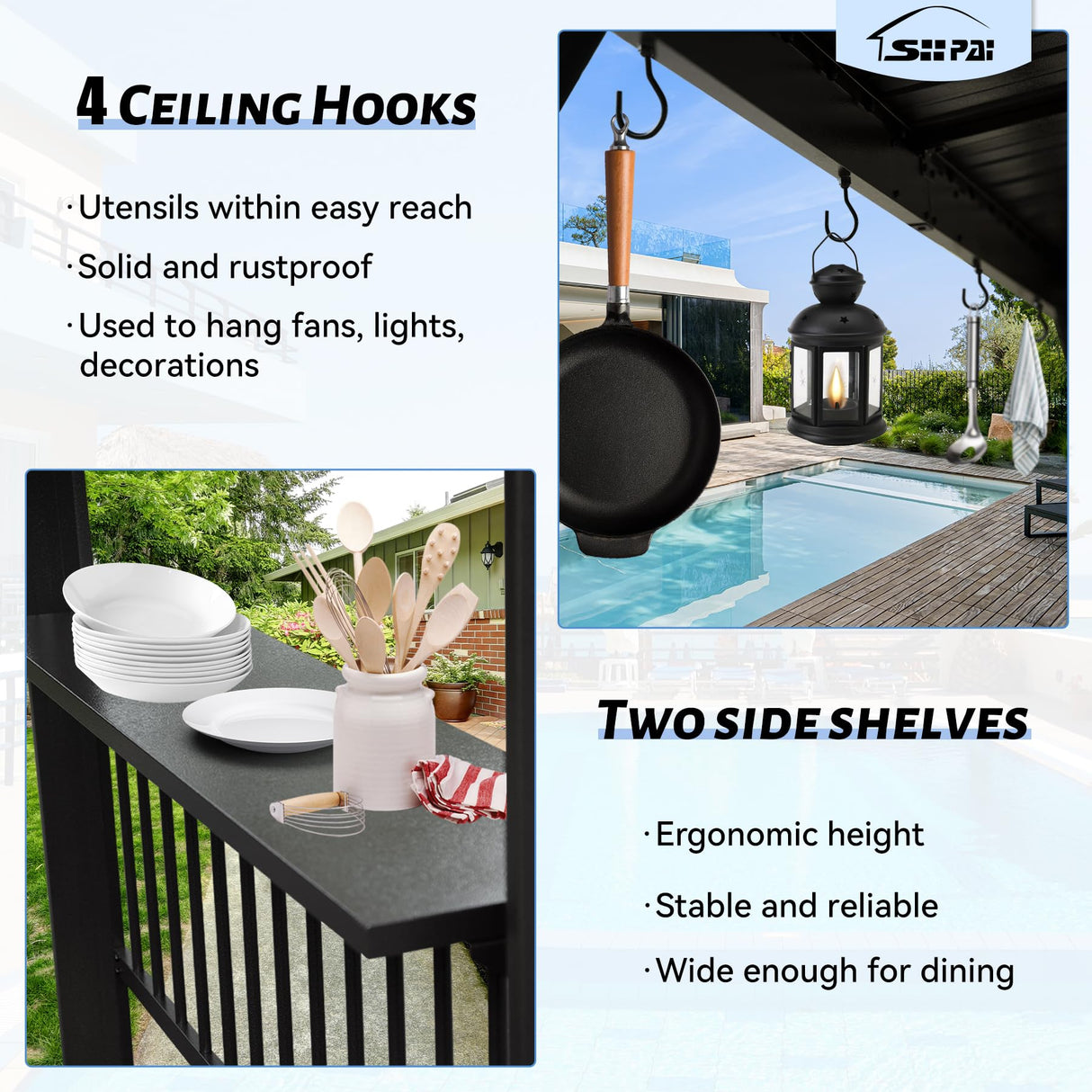 SHPAI 6.5x12FT Hardtop Grill Gazebo, All-Weather Outdoor BBQ Gazebo with 2 Side Shelves and 4 Ceiling Hook, Galvanized Steel Pitched Roof, Outdoor Grill Canopy for Patio, Backyard, Lawn, Deck – Grey SHPAI