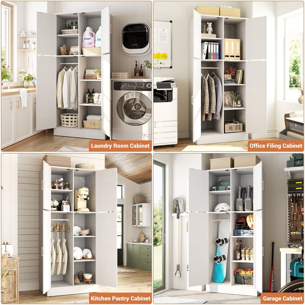 Unikito 71'' Farmhouse Wardrobe Closet with Hanging Rod, 4 Barn Door Clothing Storage Cabinet with Adjustable Shelves, Freestanding Wardrobe Cabinet for Bedroom, Living Room, Cloak Room, Office, White Unikito