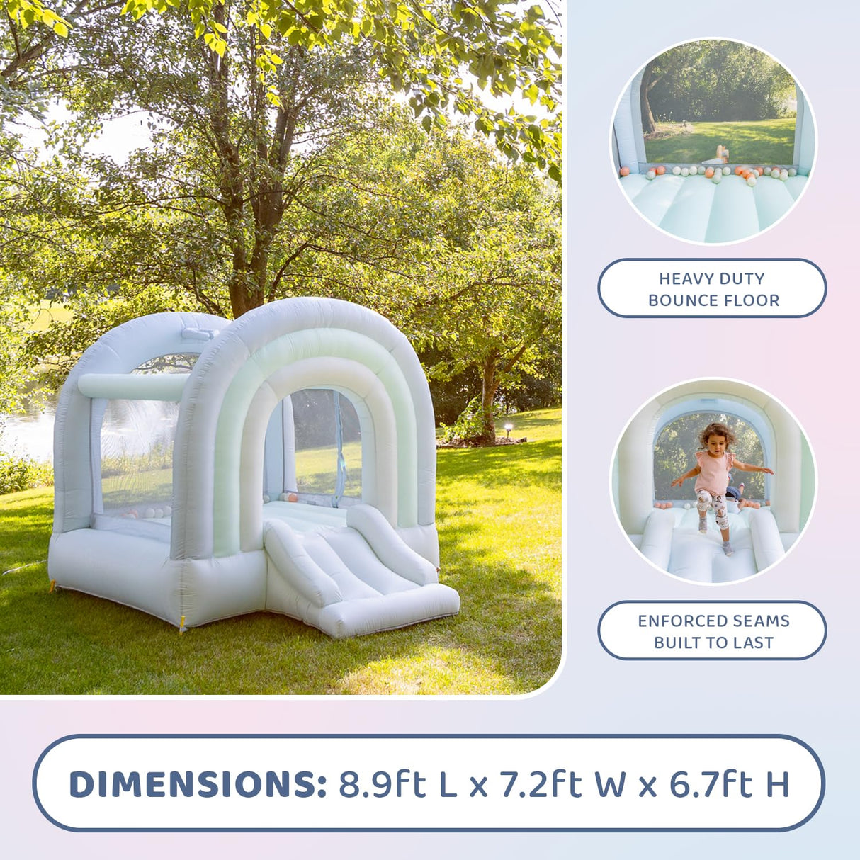 Bounceland Daydreamer Mist Bounce House, Pastel Bouncer with Slide, 8.9 ft L x 7.2 ft W x 6.7 ft H, UL Blower Included, Basketball Hoop, 30 Pastel Plastic Balls, Trendy Bouncer for Kids Bounceland