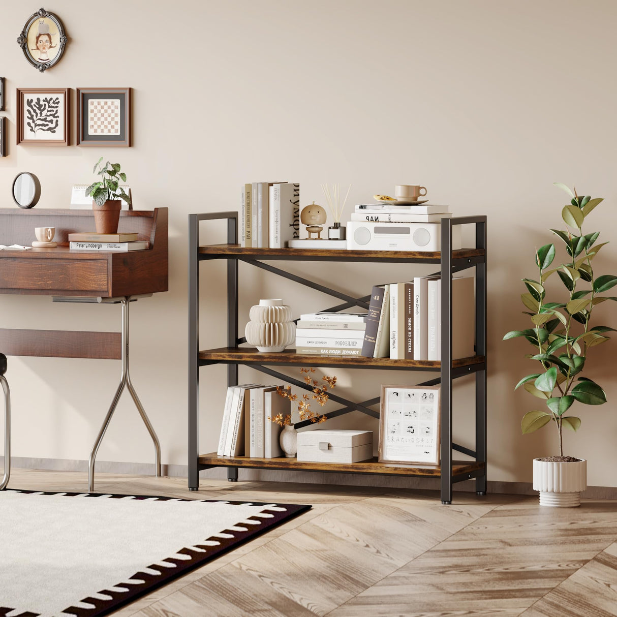 Homeiju 3 Tier Bookshelf 31.49" Width, Wood and Metal Etagere Bookcase, Vintage Farmhouse Modern Wooden Big Book Shelf for Home Living Room Bedroom Office Storage(Rustic Brown) Homeiju