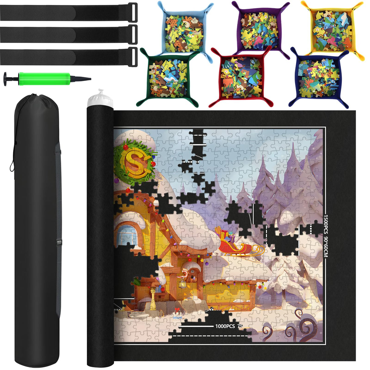 EWOID Jigsaw Puzzle Mat Roll Up Fits 1500 1000 500 Pieces Puzzles, Jigsaw Felt Mat with 6 Sorting Trays & Storage Bag & Pump, Portable Non Slip Jigsaw Puzzle Saver for Adult Kid EWOID
