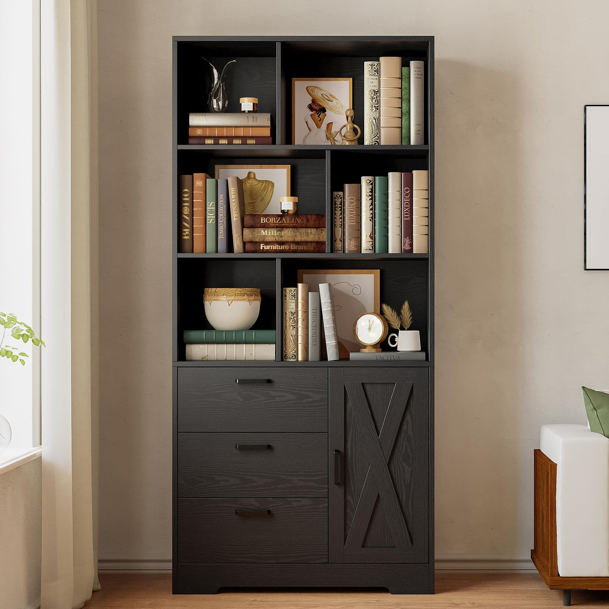 IRONCK Bookshelf with Drawers, 70.9 inch Tall Bookcase with Doors, Bookshelves and Bookcases with Storage, Bookshelf with 6 Open Cubes for Home Office, Living Room, Study, Black IRONCK
