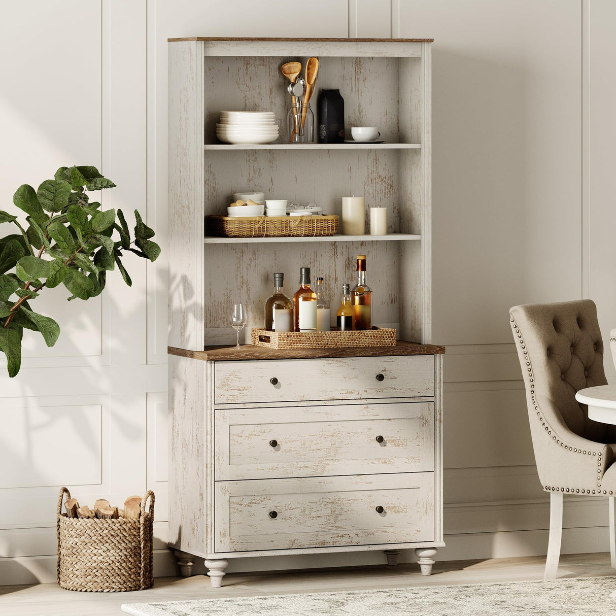 WAMPAT 3 Tier Bookshelf with 3 Drawers, 72" Tall Bookcase Large Farmhouse Display Book Case Shelf with 3-Tier Open Book Shelfs,Library Wood Bookshelves for Living Room,Kitchen, Rustic White WAMPAT