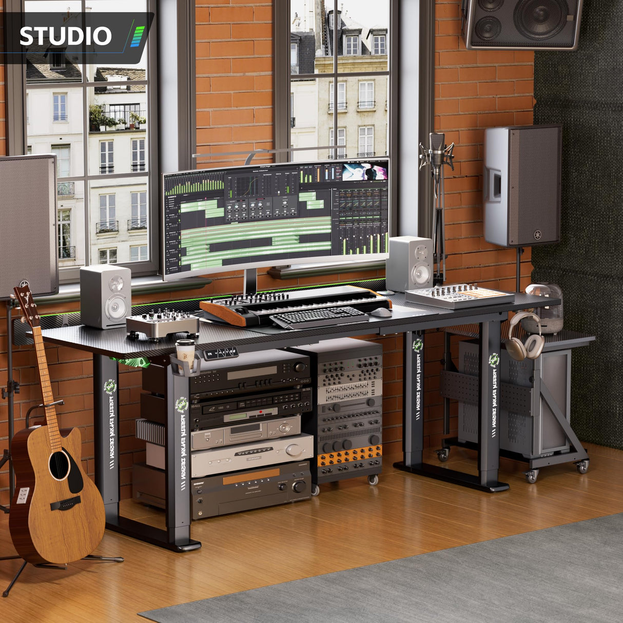 Klobel 71" x 30" Gaming Standing Desk, 4-Leg Electric Height Adjustable, Sit to Stand Desk with LED Light and Locking Wheels, Flip-Top Design, Ergonomic Computer Desk, Carbon Fiber Texture Klobel