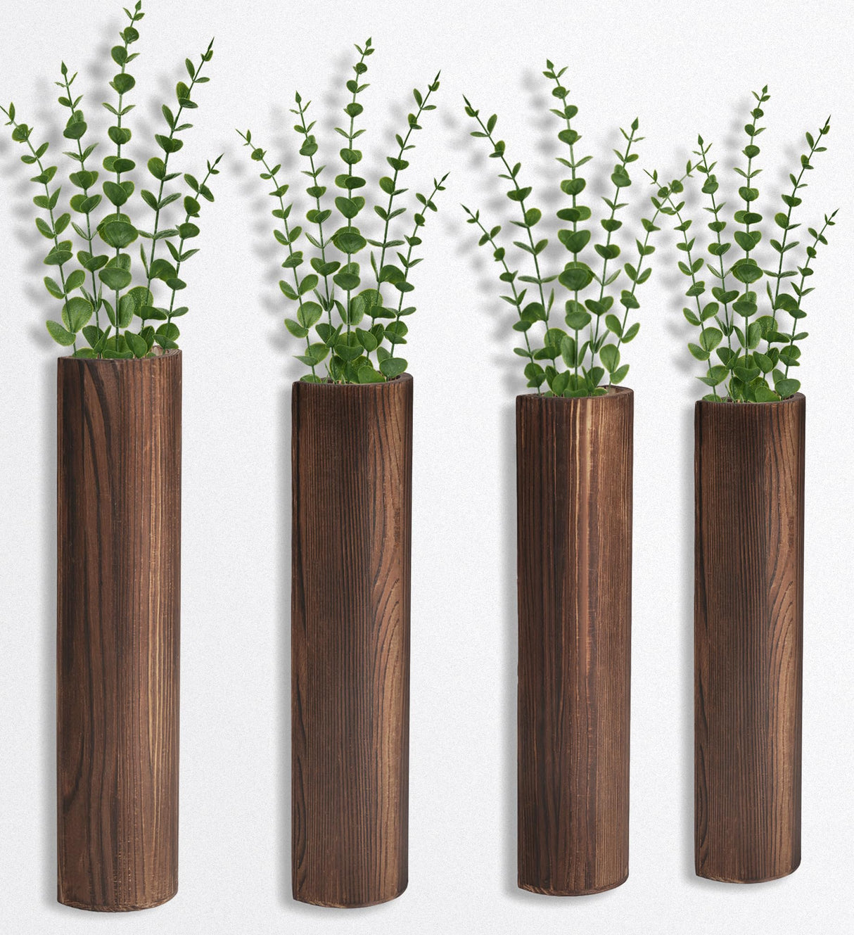 Fttoyoly 4 Pack Wood Wall Planter with Artificial Eucalyptus, Modern Wall Decor for Living Room Bedroom Bathroom Entryway, Farmhouse Boho Wall Vases for Dried Flowers and Faux Plants Fttoyoly