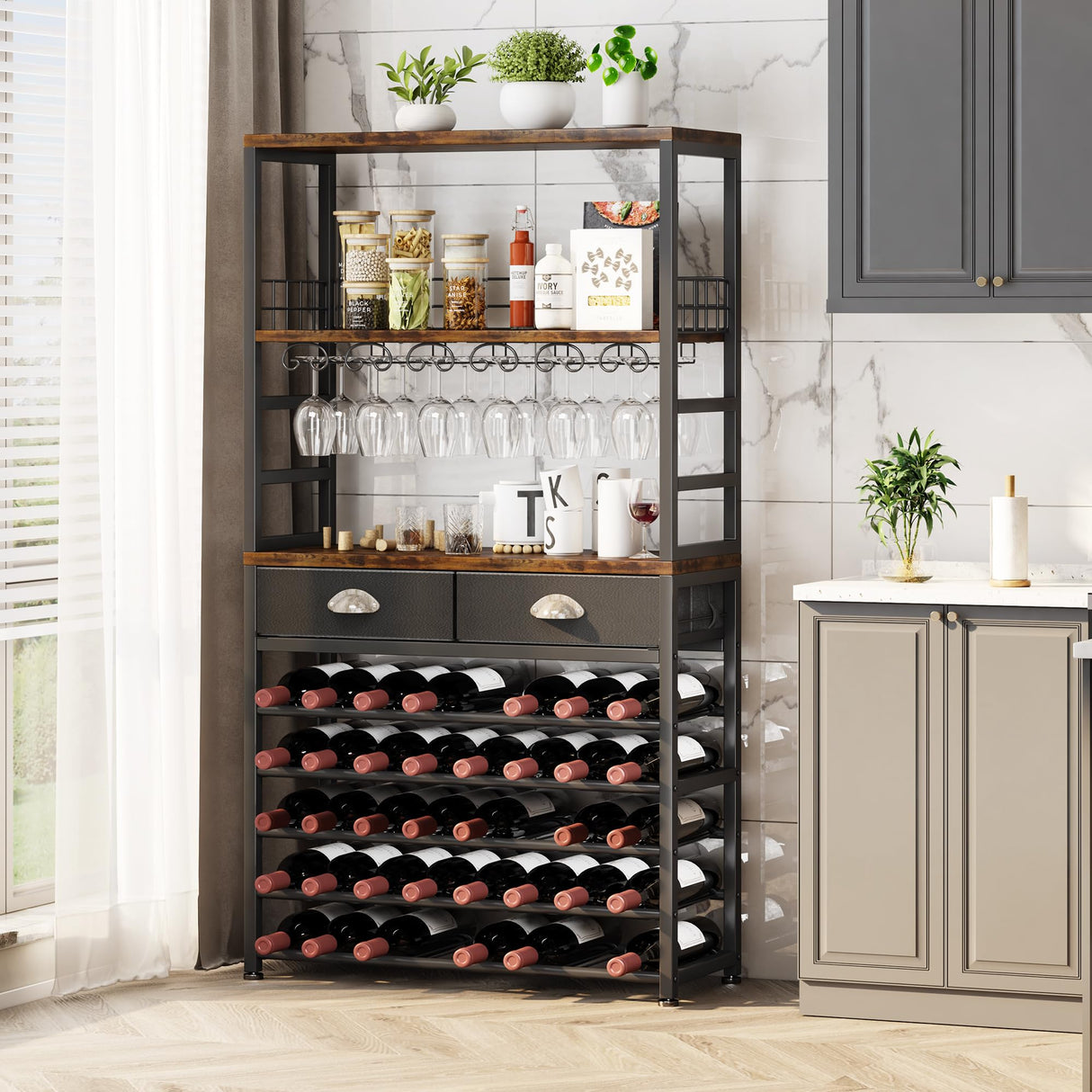 Homeiju Wine Cabinet with Storage, Bar Cabinet with Wine Rack, 6-Tier with Tabletop, Storage Drawer and Wine Storage for Home Bars Homeiju