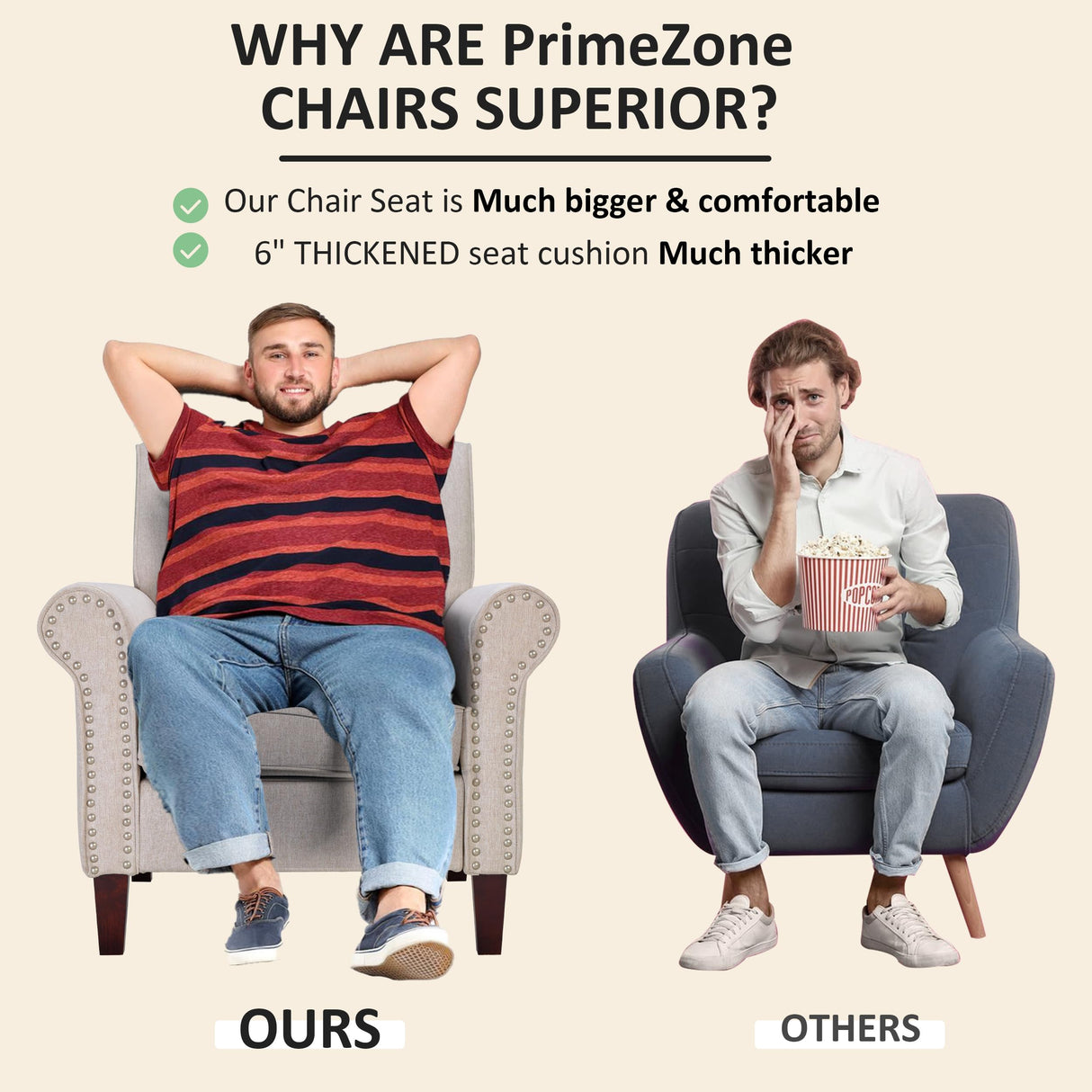 PrimeZone Comfy Accent Chair, Mid-Century Modern Fabric Living Room Chair Reading Chair with Soft Cushion, Nailhead Trim & Rolled Armrest, Arm Chair Sofa Chair for Bedroom Waiting Room Office, Beige PrimeZone