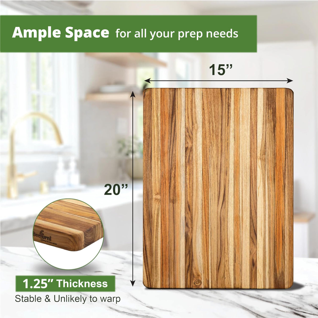 BEEFURNI Teak Wood Cutting Board with Hand Grip, Wooden Cutting Boards for Kitchen Medium, Chopping Board Wood, Reversible, Kitchen Gifts, 1-Year BEEFURNI