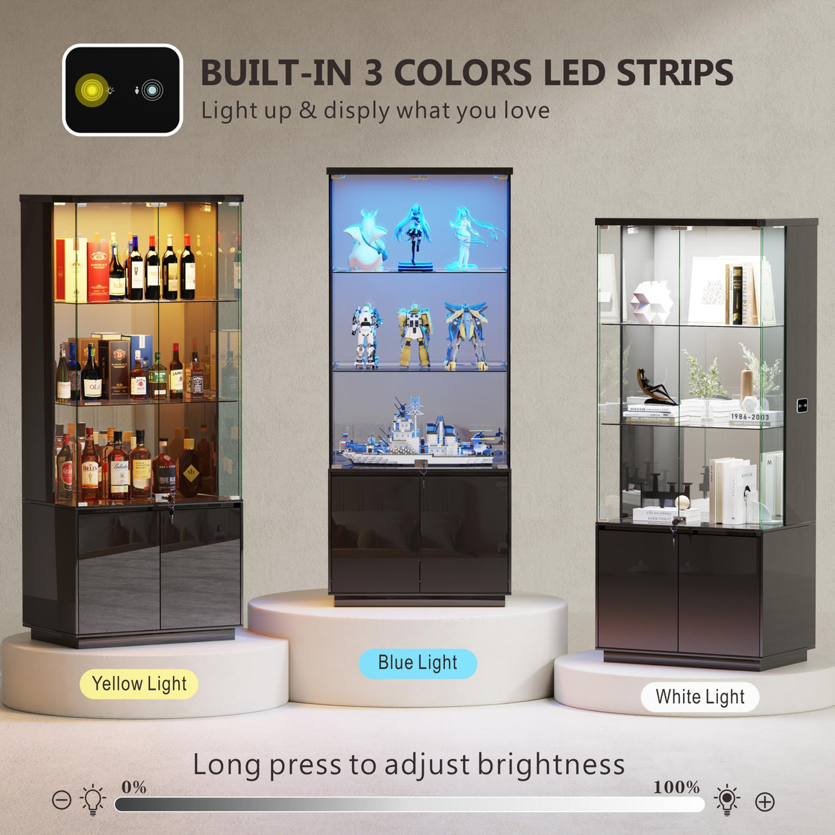 Lvifur 71” Glass Display Cabinet with Lights, Modern Curio Cabinet Display Cases for Collectibles, Locking Cabinet with Shelves & Drawers, Tall Bookcase with Human Body Sensor for Living Room (Black) Lvifur