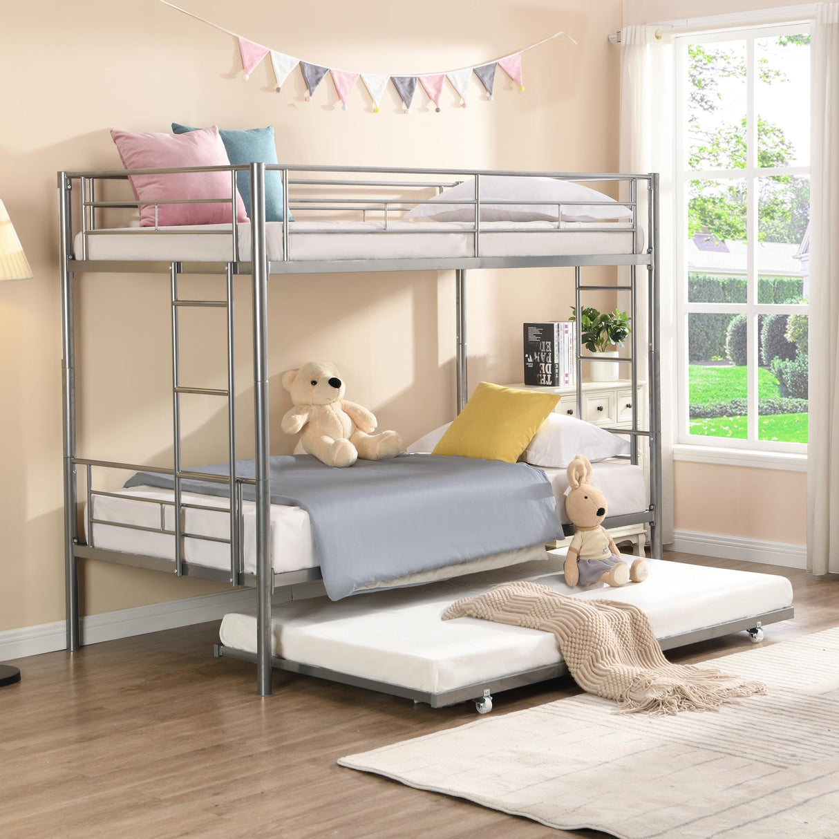 KEIKI Twin Over Twin Size Metal Detachable Bunk Bed Frame with 2 Side Ladder, Trundle and Guardrail, Modern Style Bunk Beds with Slats, No Box Spring Required, Easy Assembly, for Bedroom, Silver KEIKI