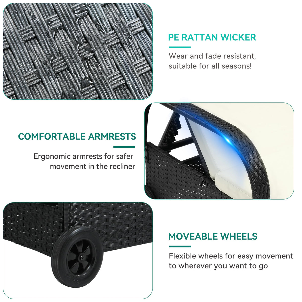 YITAHOME Chaise Lounge Chair with Storage, Wicker Patio Lounge Set of 2 with 5-Position Backrest, Rattan Pool Reclining with Headrest, Arm, Cushion, and Wheel for Poolside Balcony Garden(Black+Beige) YITAHOME