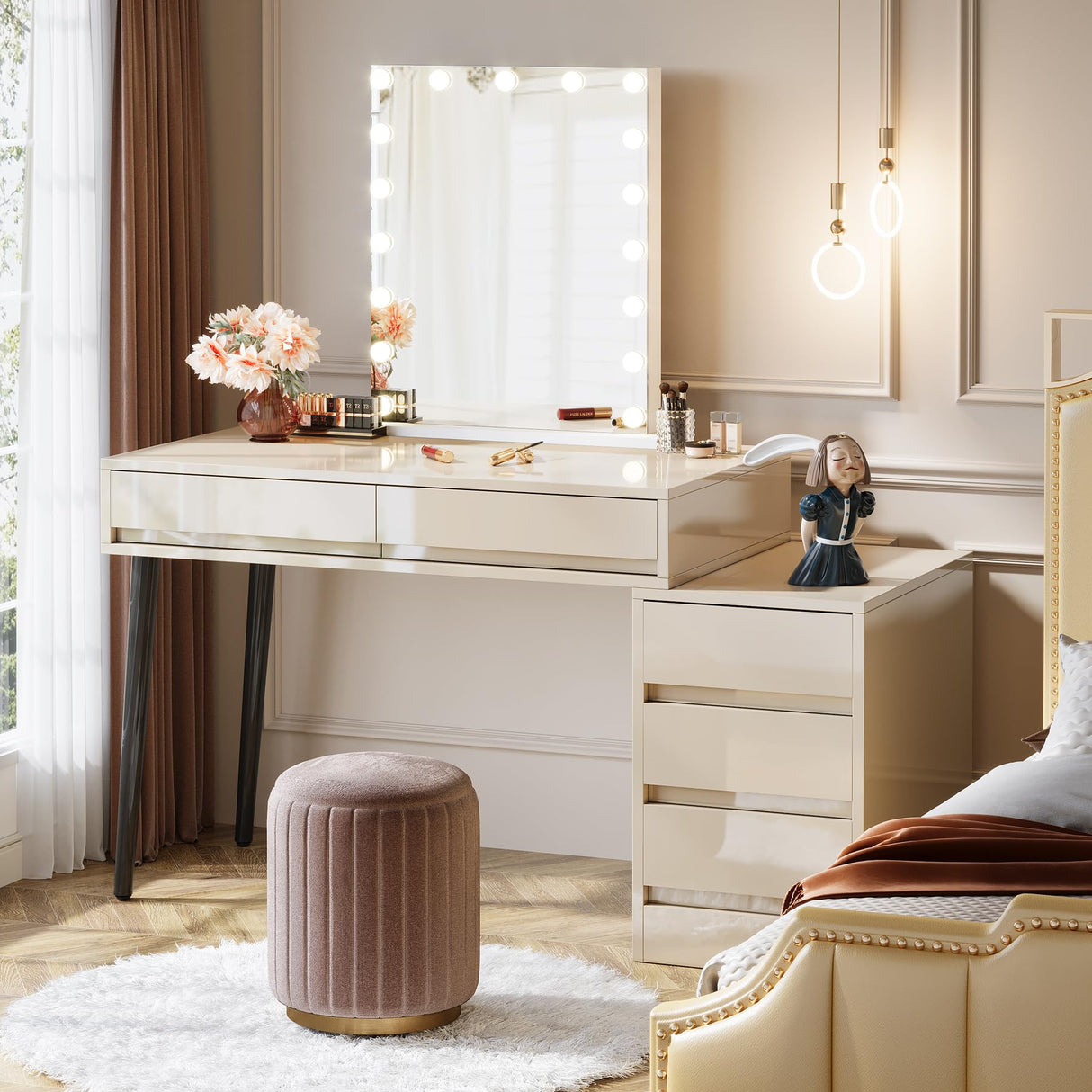 Tribesigns Vanity Desk with 5 Drawers, Makeup Table with Reversible Drawer Cabinet Printer Stand, Modern Computer Desk Dressing Table for Bedroom Office, Gloss Beige (No Mirrors) Tribesigns