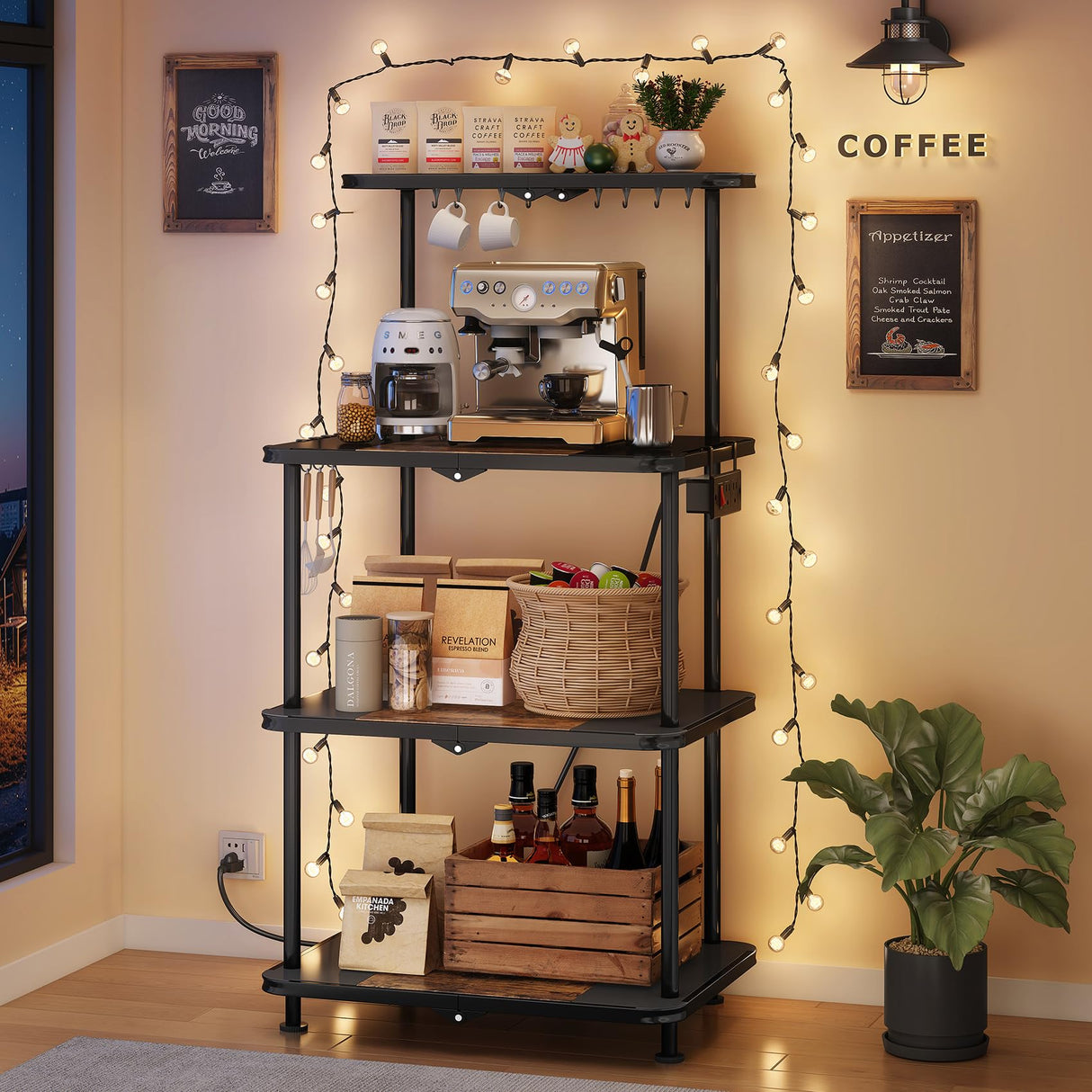 Kitchen Bakers Rack with Power Outlet - Easy & Tool-Free Assembly, Adjustable Coffee Bar Station 4 Tiers, Microwave Stand with 12 Hooks, Brown SNTD