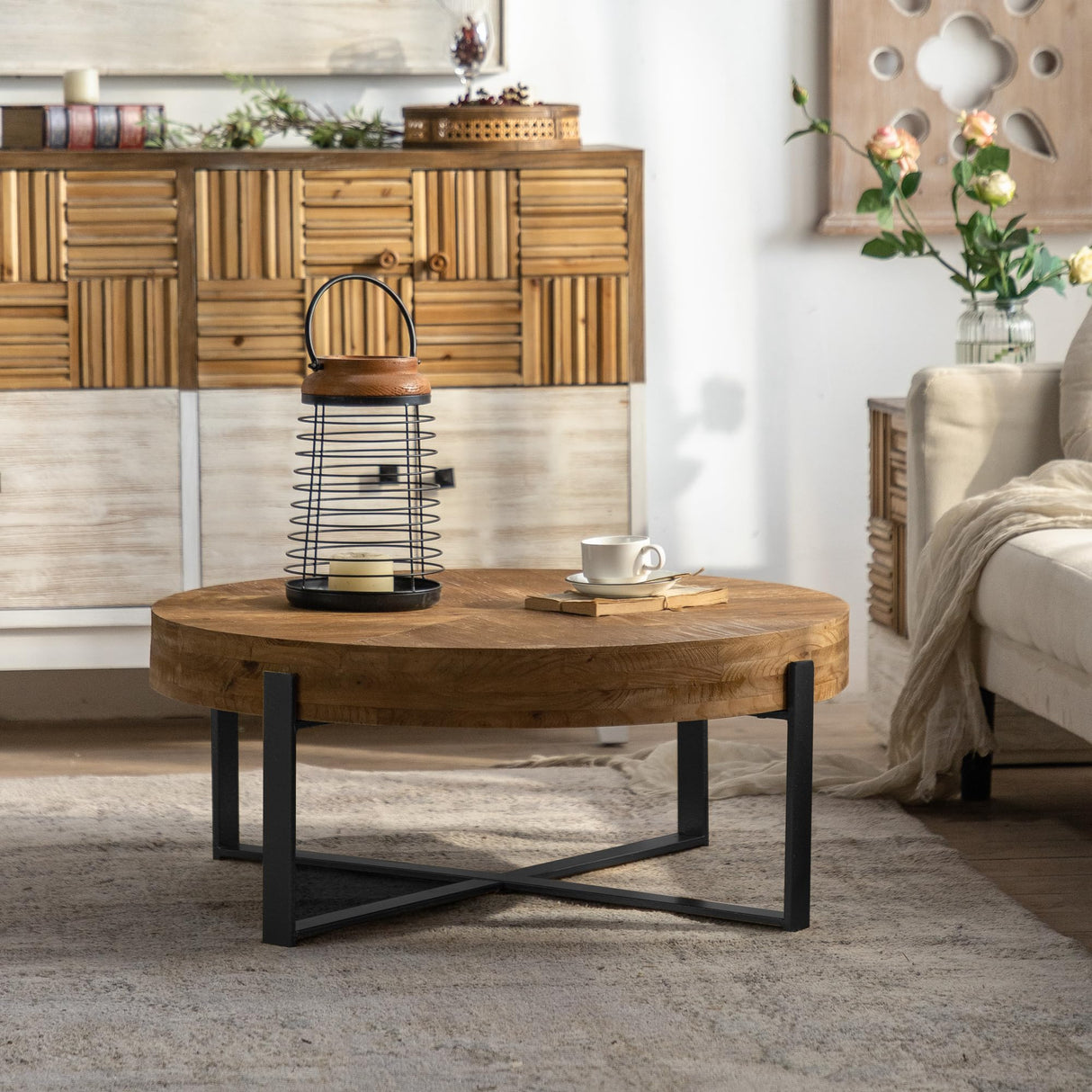 31.29" Modern Retro Splicing Round Coffee Table,Fir Wood Table Top with Black Cross Legs Base Wetiny