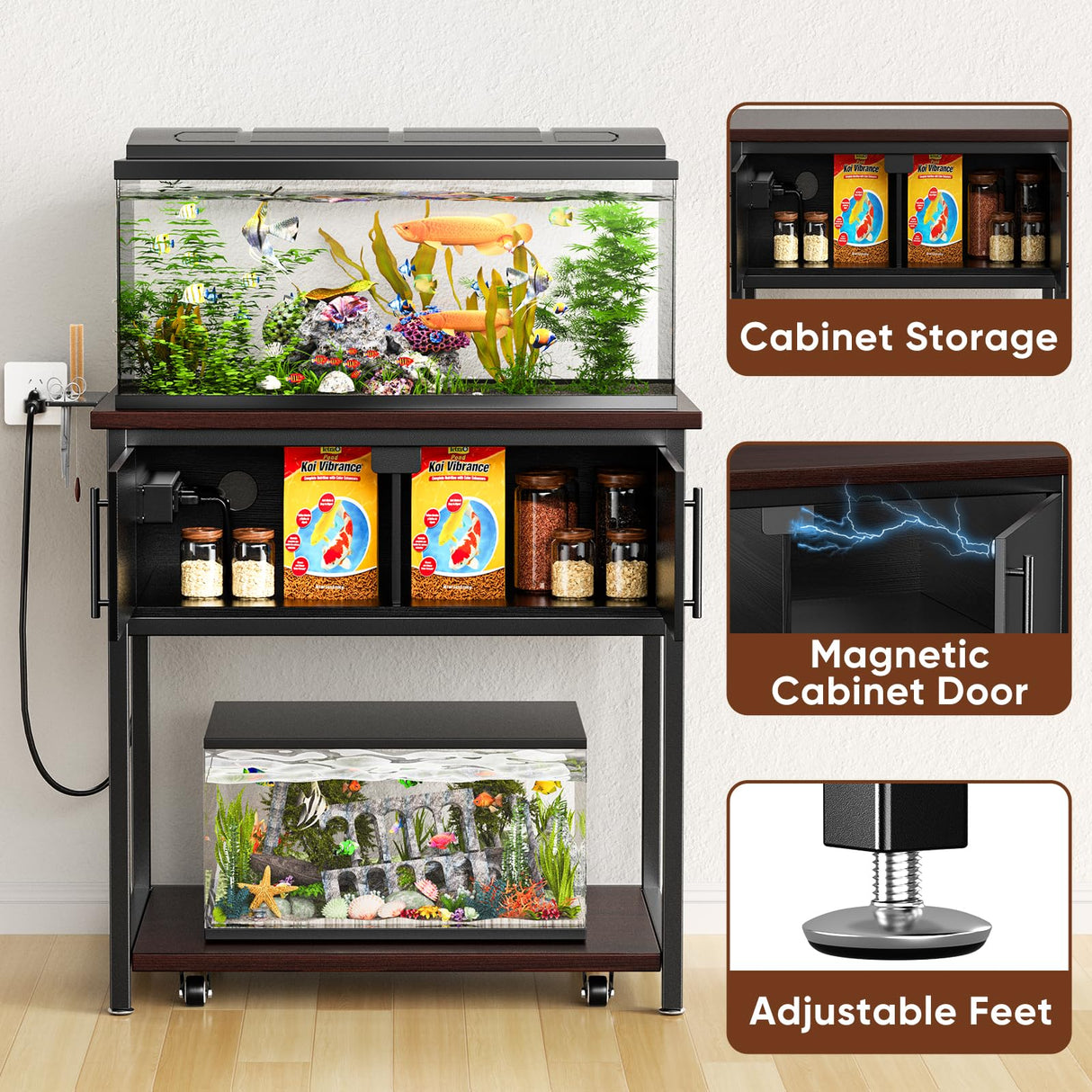 20-29 Gallon Fish Tank Stand with Power Outlet and Storage Cabinet,Aquarium Stand with Slide-Out Fish Tank Shelf,Heavy Duty Metal Frame and Waterproof Wood,31.5" L x 15.7" W 770LBS Capacity POKIPO