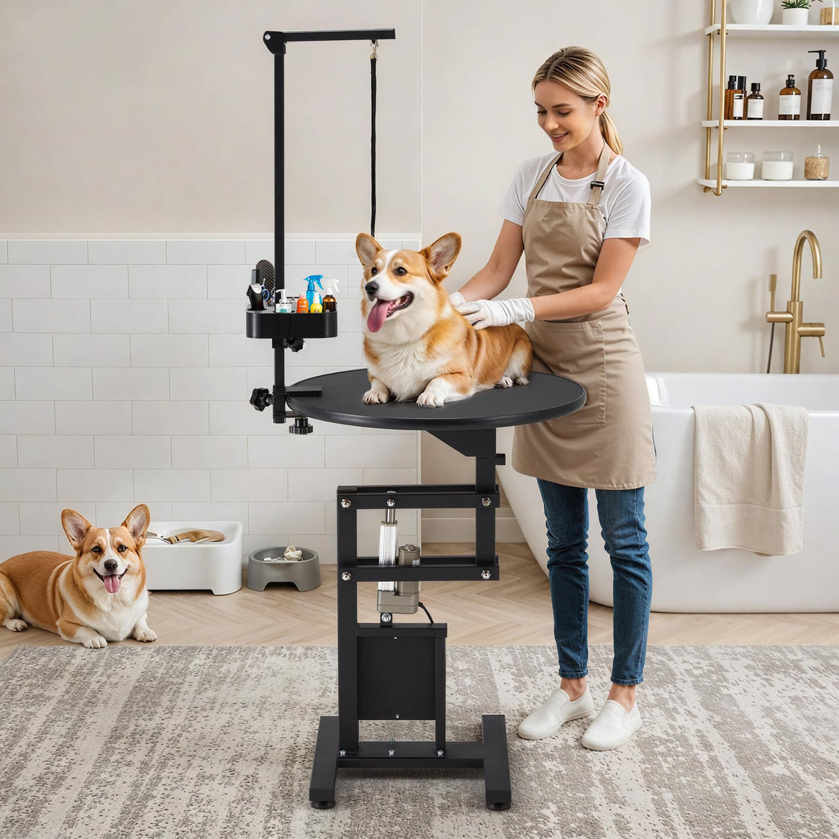 JFHID Professional Electric Lift Dog Grooming Table, Portable Height Adjustable Pet Grooming Station with Foldable Arm, Tool Organizer and Wired Remote, for Small Dog at Home, Black JFHID