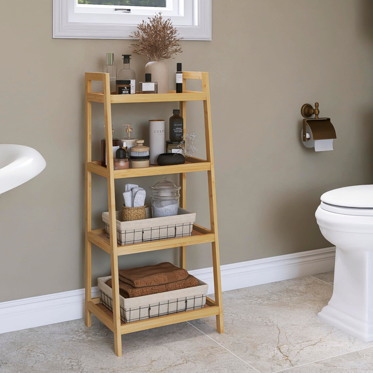 SMIBUY Bamboo Ladder Bookcase, Bathroom Storage Rack Organizer, 4 Tier and 5 Tier Freestanding Plant Display Stand Space Saver Shelves for Bedroom, Kitchen, Balcony (Natural, 4 Tiers (39" H)) SMIBUY