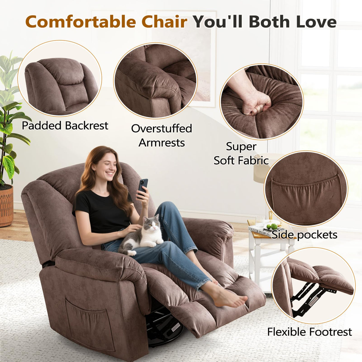ANJ Rocker Recliner Chair Oversized Manual 360° Swivel Recliners Comfy Glider Rocking Chairs for Big Man Extra Wide Overstuffed Reclining Chair for Living Room, Camel ANJ
