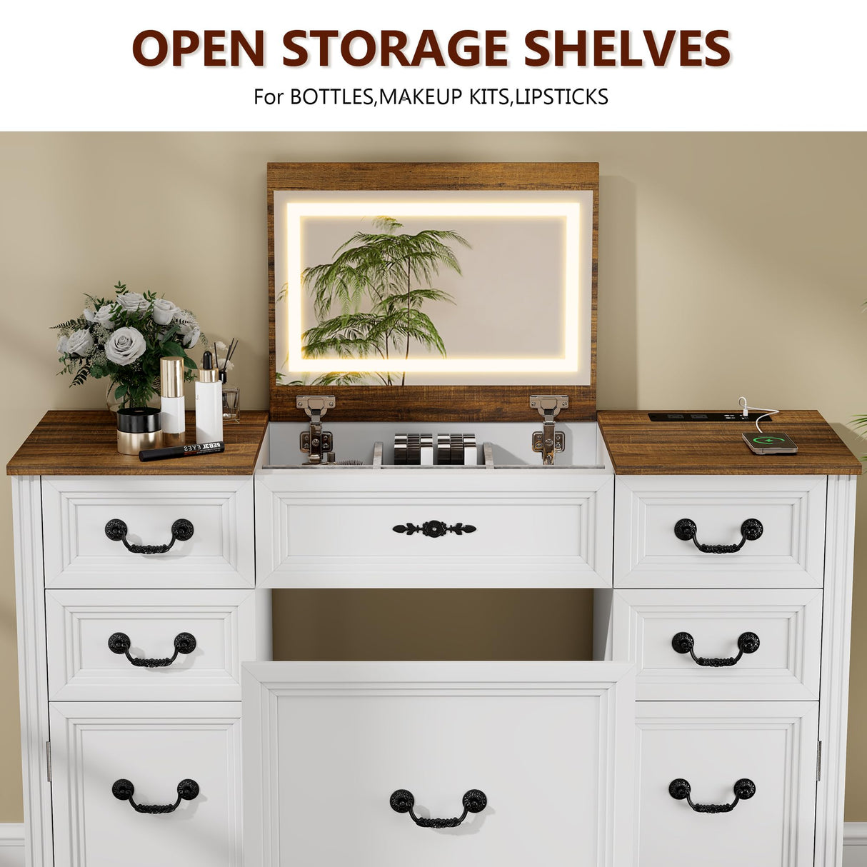 FOMNEY Multifunctional Vanity Desk with Mirror, LED Lights, USB Ports, Power Outlets, and Ample Storage – Stylish Makeup Dresser for Your Bedroom FOMNEY