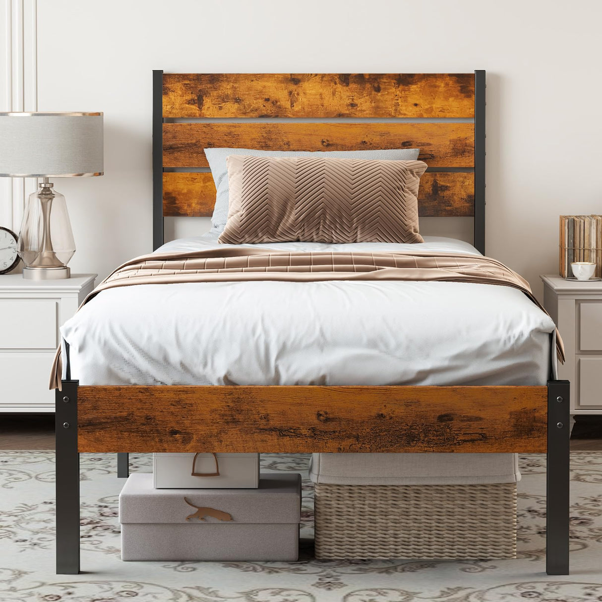 Sweetcrispy Twin Size Metal Platform Bed Frame - Mattress Foundation with Headboard and and Footboard, No Box Spring Needed with 700LBS Sturdy Wooden Slats Support, Noise Free, Easy Assembly Sweetcrispy