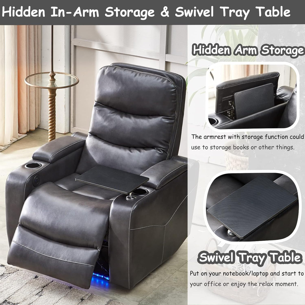 Electric Power Recliner Chair with LED Lights, Home Theater Seating with Swivel Tray Table, Faux Leather Recline Single Sofa Chair for Living Room with Hidden Arm Storage, Cup Holders, Grey, 1 Piece Comfort Stretch