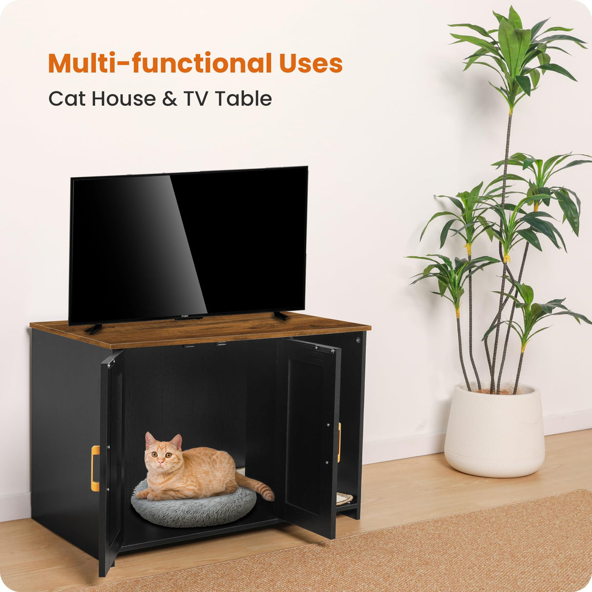 Dwanton Litter Box Enclosure, Cat Litter Box Furniture Hidden, with Scratching Mat, Wooden Cat Washroom Indoor, 31.5" L x 19.7" W x 21.7" H, Black and Warm Brown Dwanton