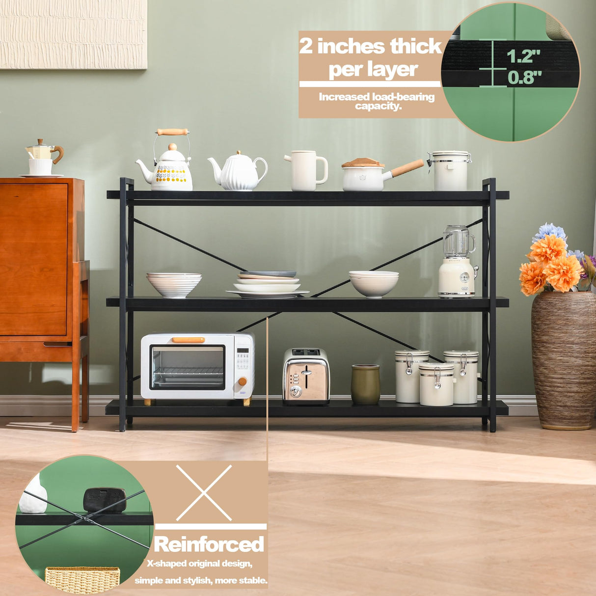 HCHQHS Bookshelf, 3-Tier Long Industrial Bookcase, Black Open Book Shelf, Freestanding Horizontal Bookshelves with Metal Frame HCHQHS