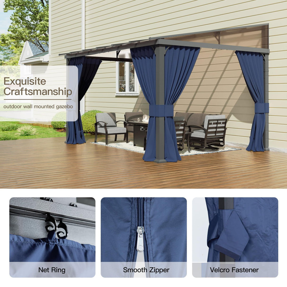 Trumbeak 10’ x 12’ Gazebo for Patio,Wall Mounted Gazebo with Sloping Polycarbonate Roof,Outdoor Gazebo w/Netting & Curtain,Aluminum Frame Hardtop Gazebo for Garden,Deck,Backyard,NavyBlue Trumbeak
