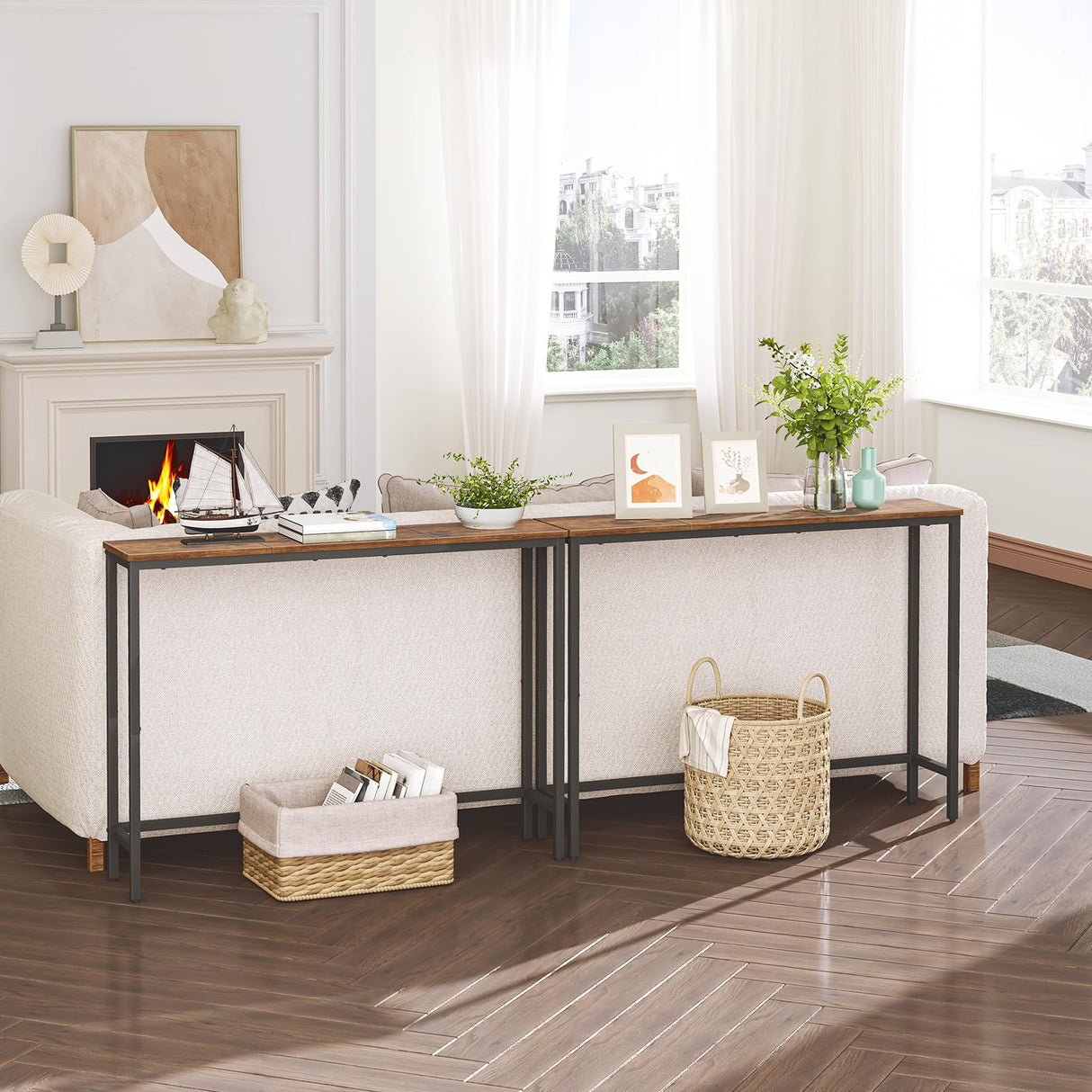 HOOBRO Console Table, Sofa Table with Support Bar, Hallway Entrance Table for Living Room, Entryway, Corridor, Sturdy, Easy Assembly, Wood Look Accent Table, Rustic Brown and Black BF751XG01 HOOBRO