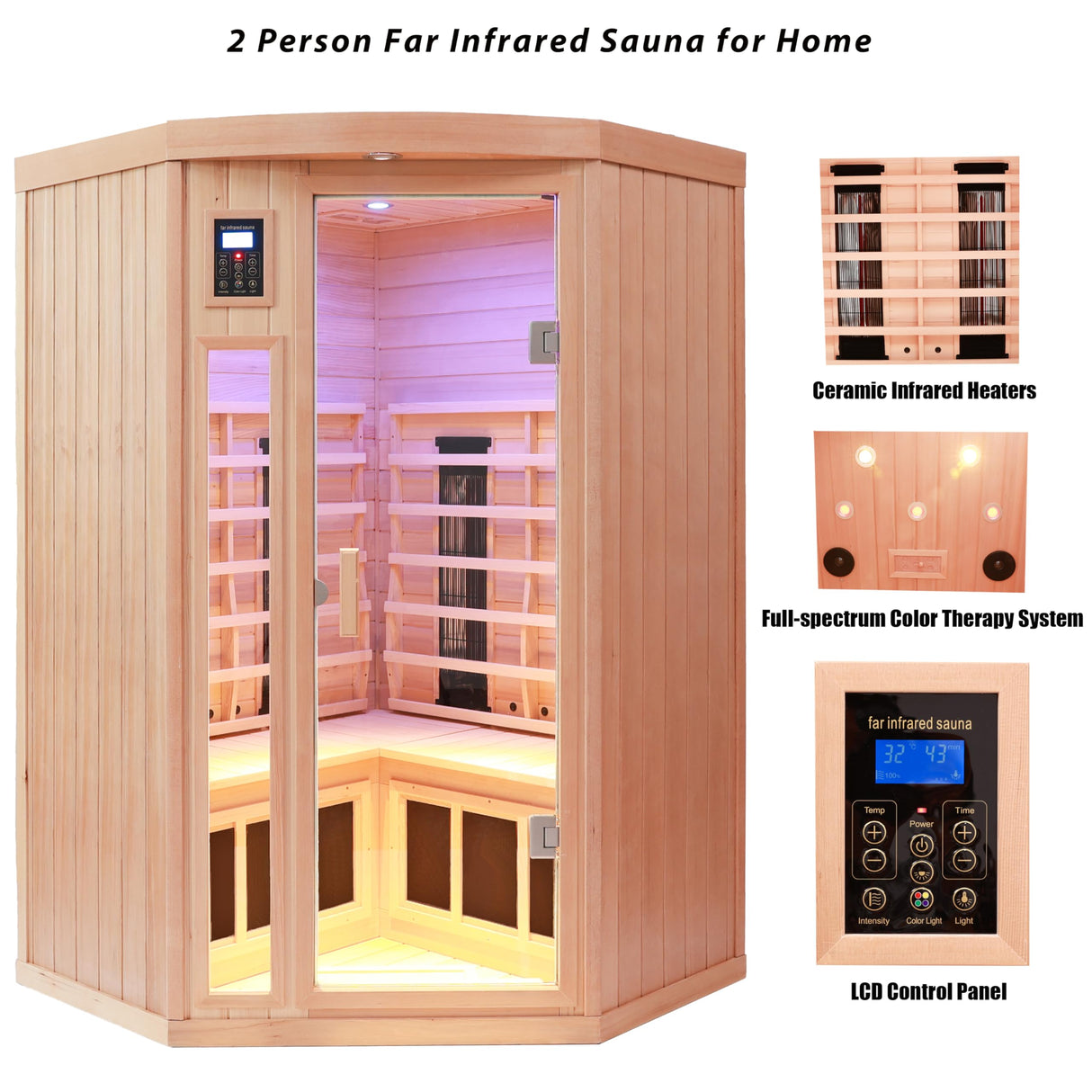 KUNSANA Ceramic Infrared Sauna 2-3 Person Infrared Saunas for Home Low EMF Indoor Home Sauna Spa Hemlock Wooden Corner Sauna Room with Bluetooth Speakers, LED Reading Lamps, Chromotherapy Lights KUNSANA