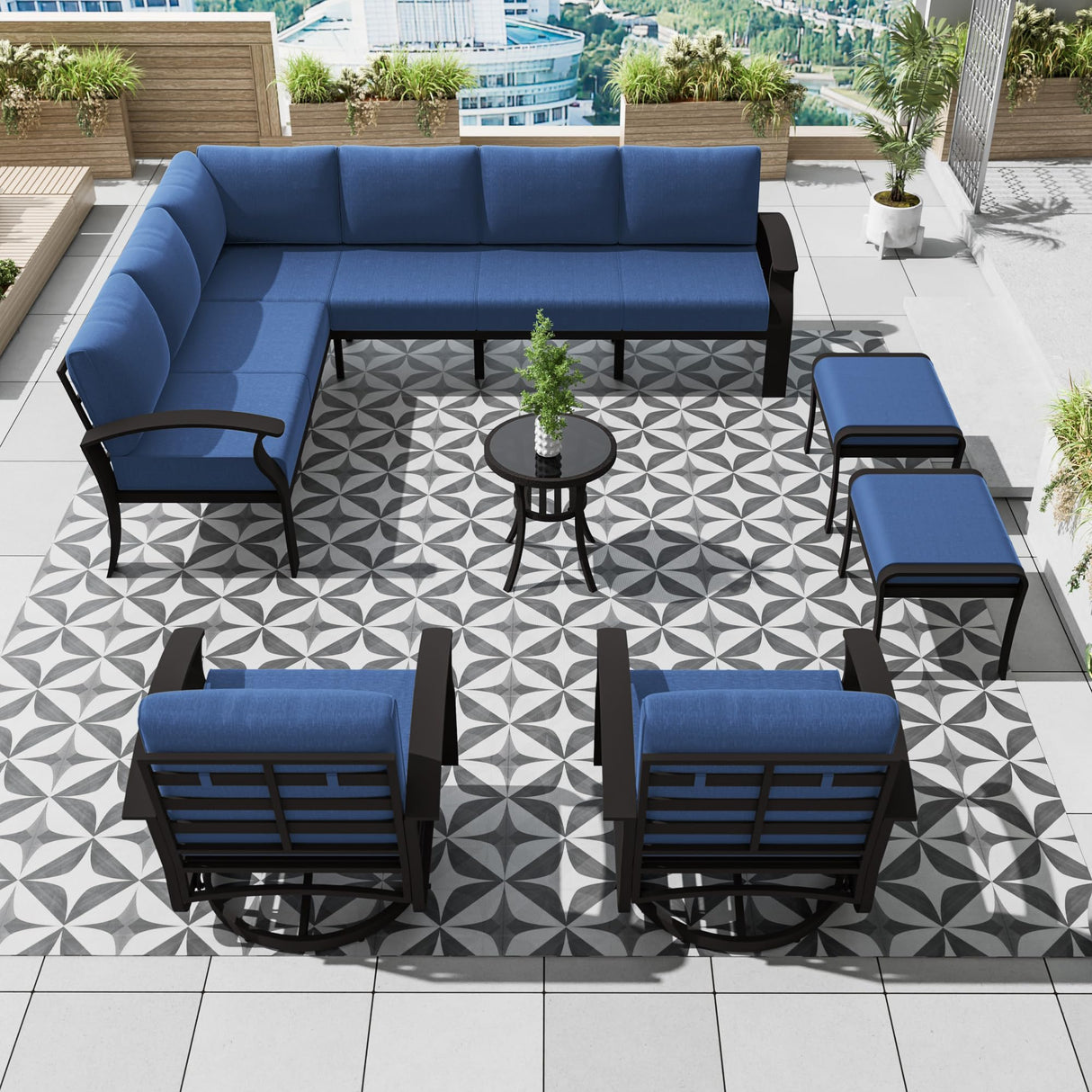RTDTD Aluminum Patio Furniture Set, 10 Seats Outdoor Patio Conversation Set with Swivel Chair Modern Metal Patio Sectional Sofa with Coffee Table for Patio, Backyard(Navy Blue). RTDTD
