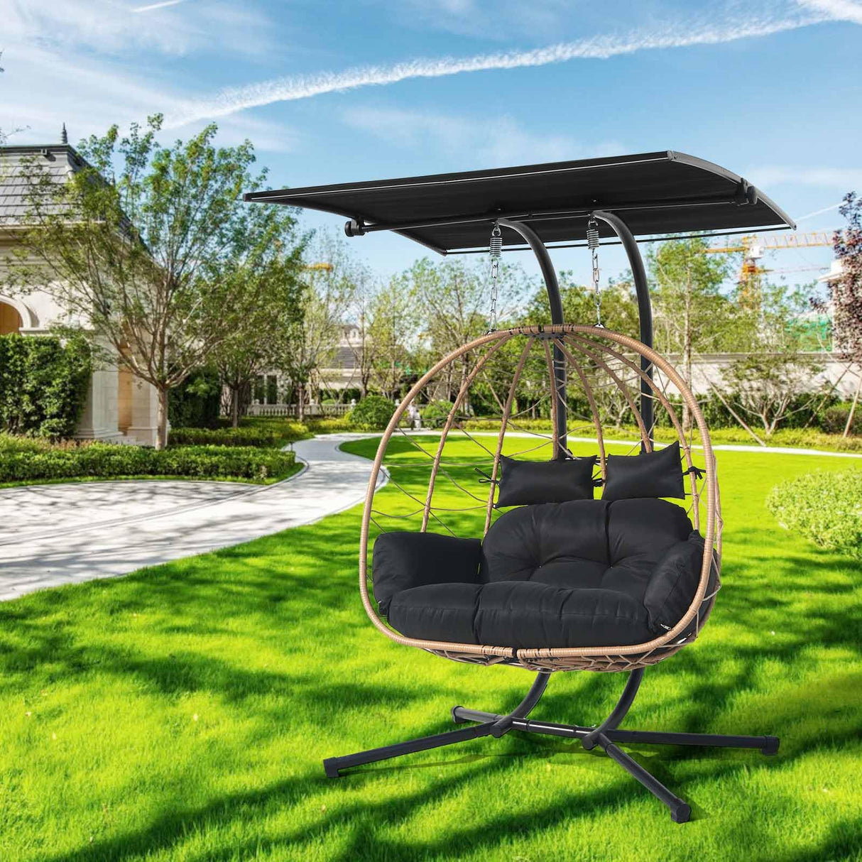 Double Egg Chair wth Stand Hammock Swing Chair Foldable Hanging Loveseat, Outdoor Hammock Egg Chair for Patio, Bedroom, Garden and Balcony (Black) VIXLON